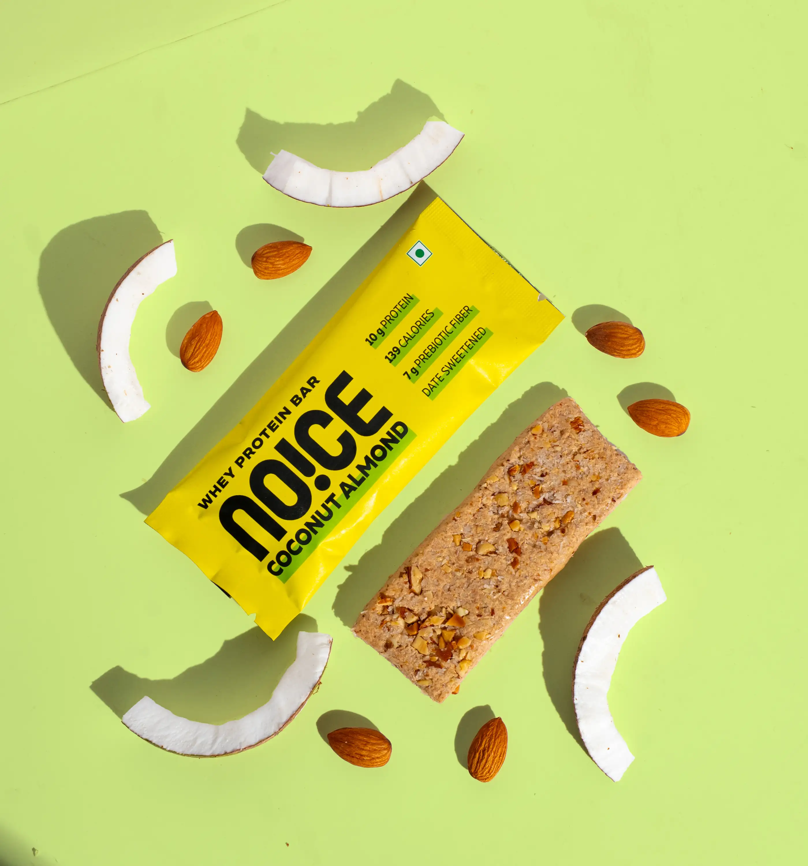 NOICE Coconut Almond 10g Whey Protein Bar made with desiccated coconut, almond butter, and naturally sweetened with dates