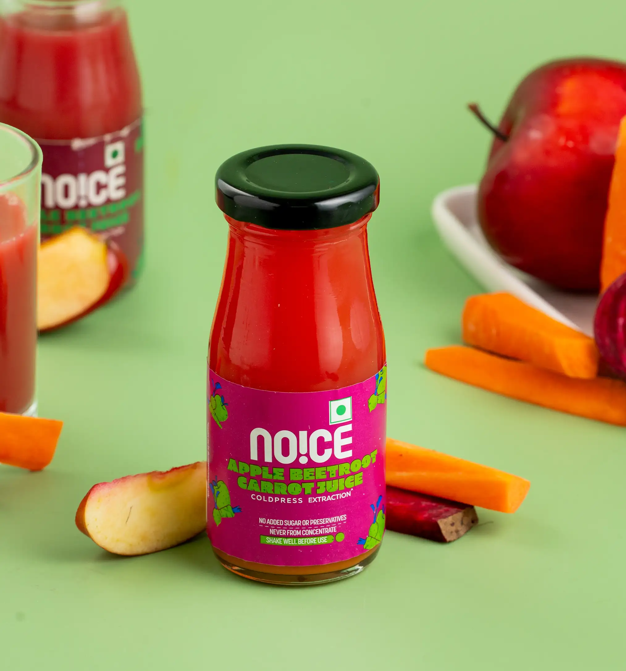 NOICE ABC juice, cold-pressed from fresh apples, beetroots, and carrots with no added sugar or preservatives.