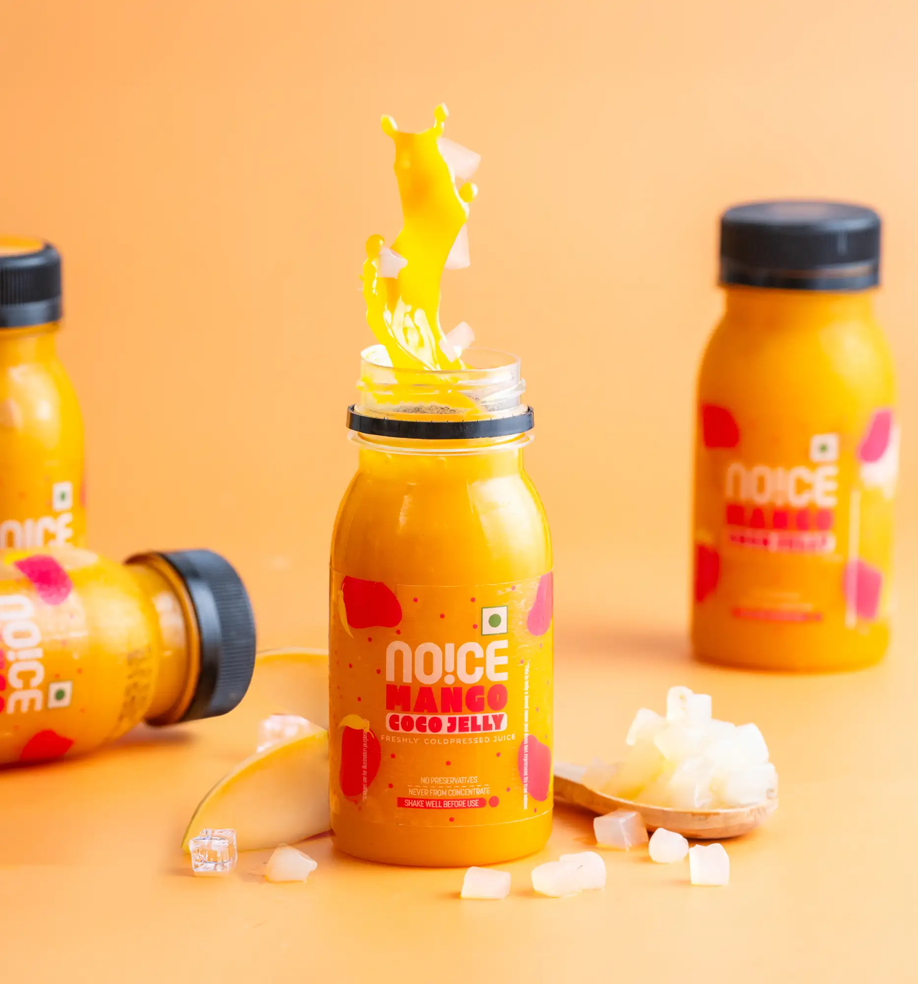 NOICE fresh mango juice cold-pressed with nata de coco jelly and no preservatives or concentrates.