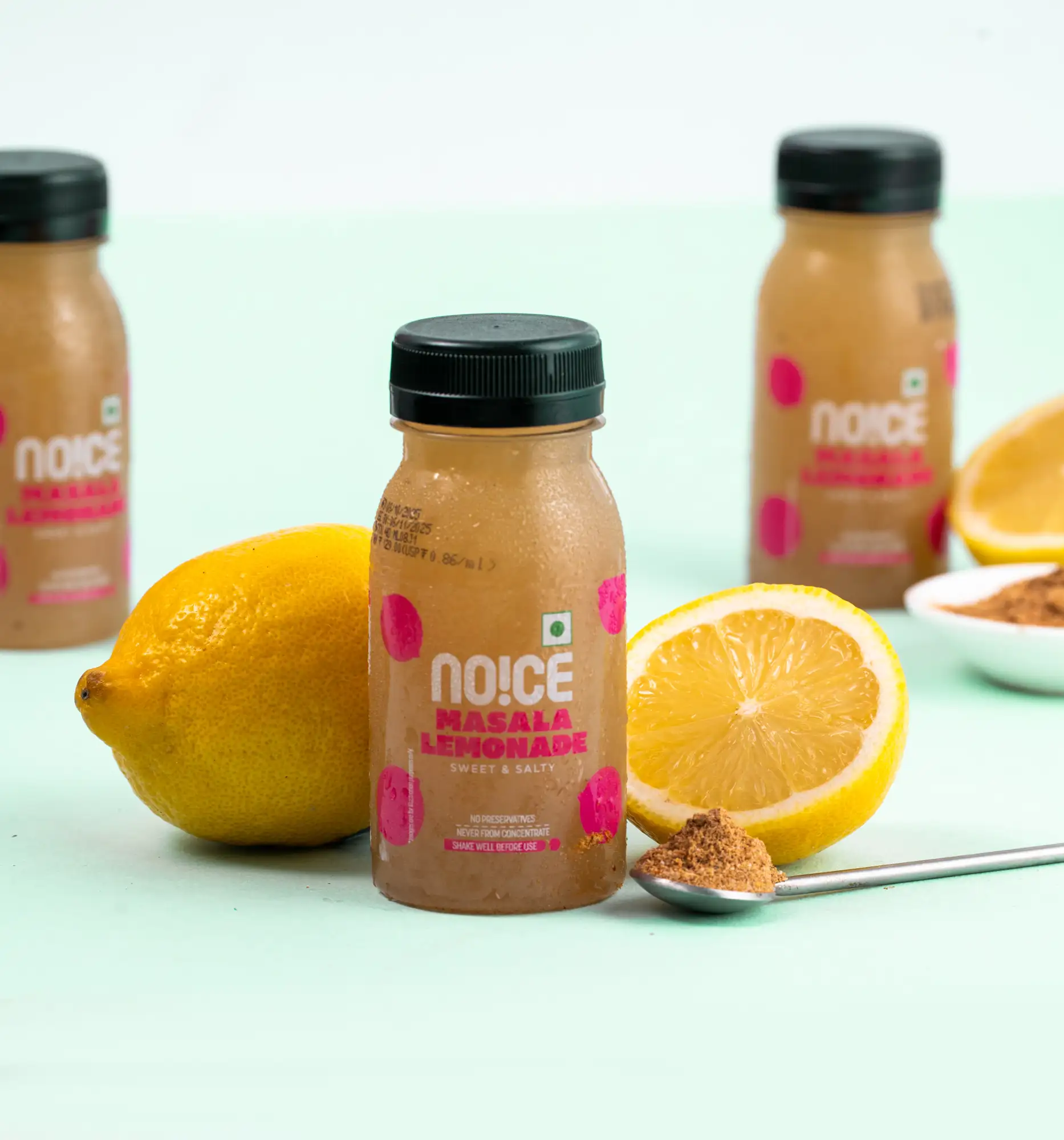 NOICE Masala Lemonade made with real lemons, sweet and salty flavor, and no preservatives.