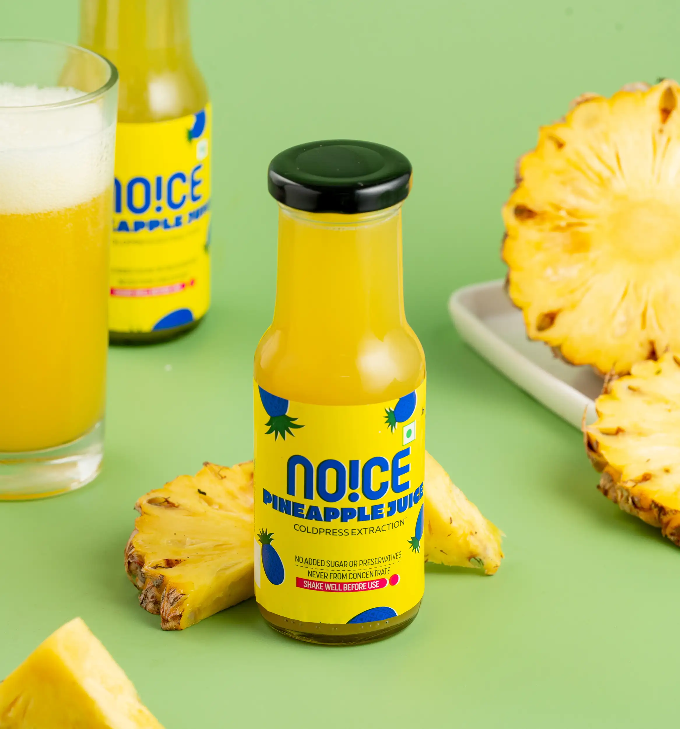 NOICE cold-pressed pineapple juice made from fresh pineapples with no added preservatives or flavors.