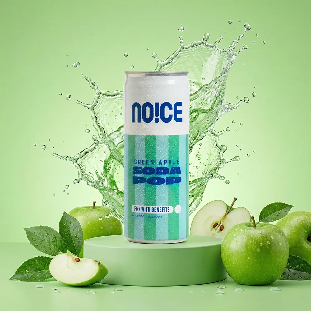 NOICE green apple soda pop that is low in sugar, packed with prebiotics, and free from preservatives.