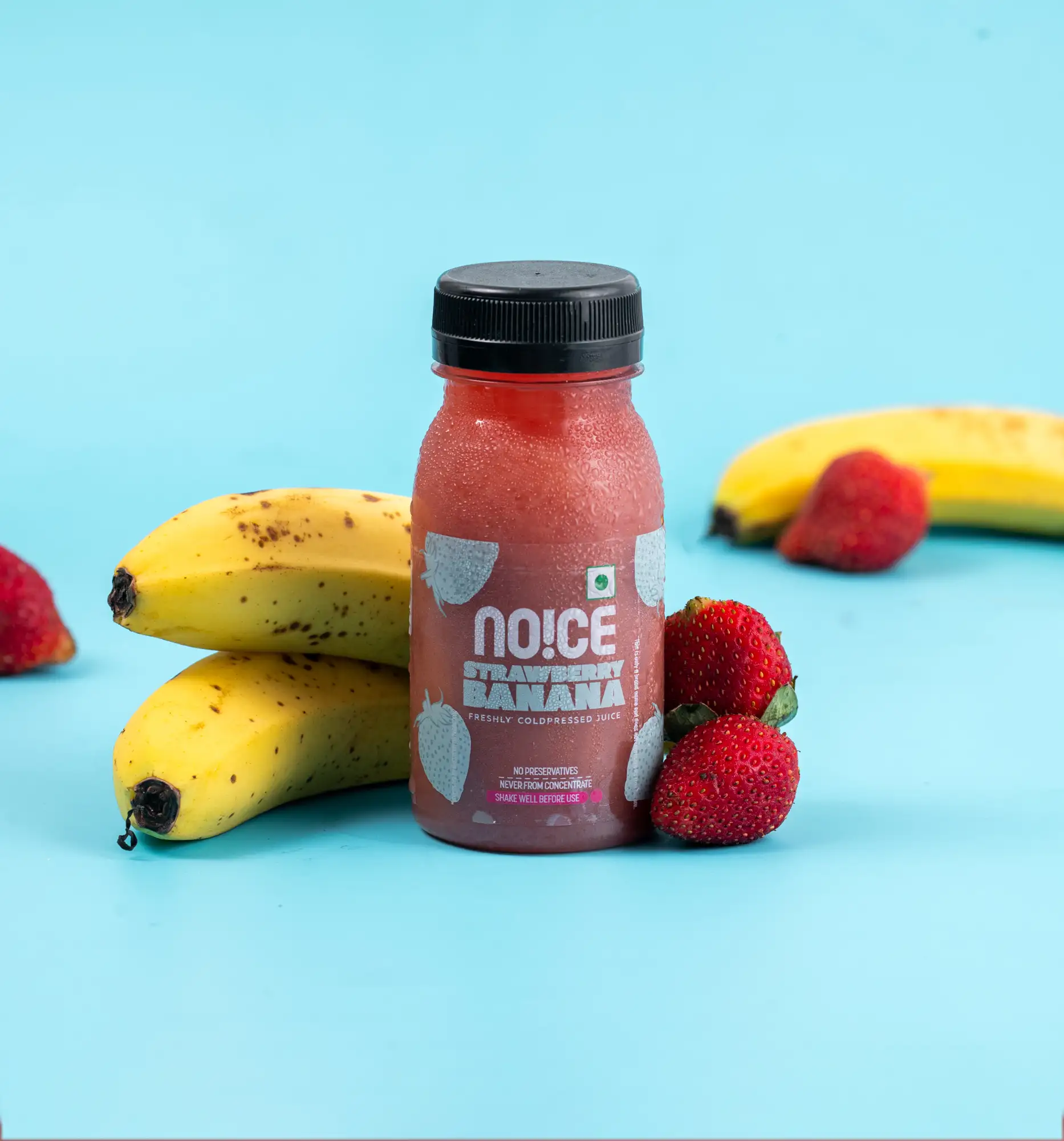 NOICE freshly cold-pressed strawberry banana juice made with real fruits, zero concentrates, and no preservatives