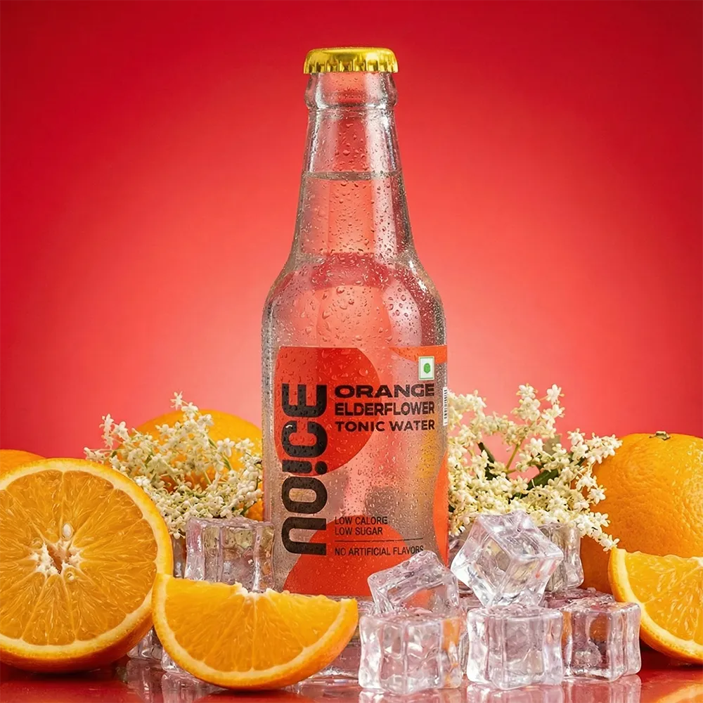 NOICE orange elderflower tonic water crafted with real orange and elderflower, featuring low calories and no artificial flavors