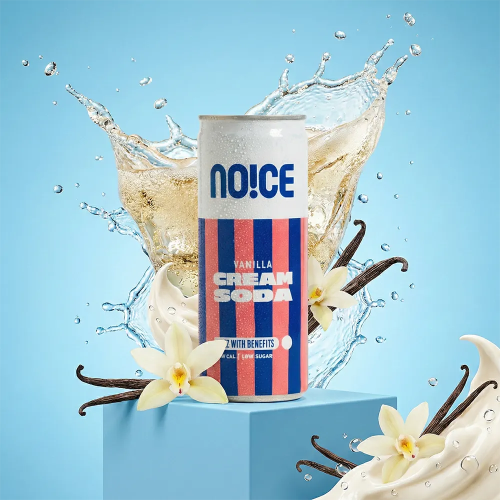NOICE Vanilla Cream Soda Pop with low sugar and low calories, featuring no preservatives or artificial flavors.
