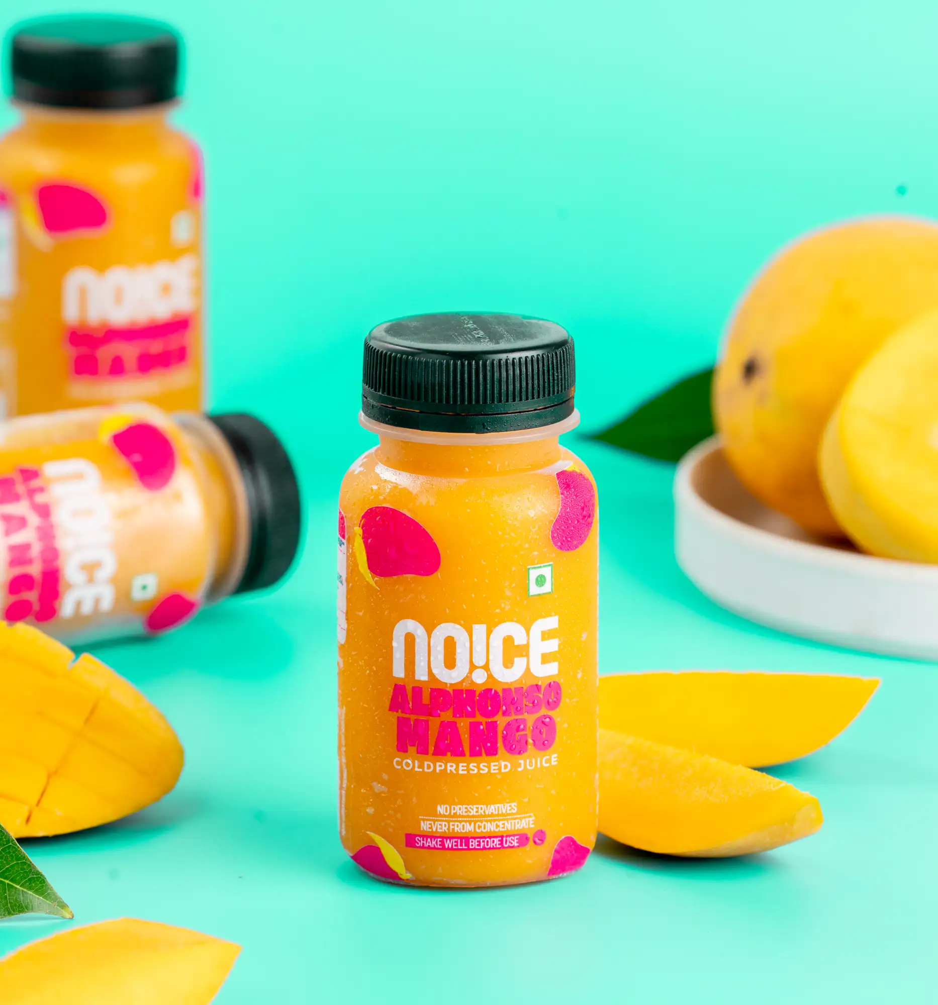 NOICE alphonso mango juice cold-pressed from premium mangoes with no added sugar or preservatives.