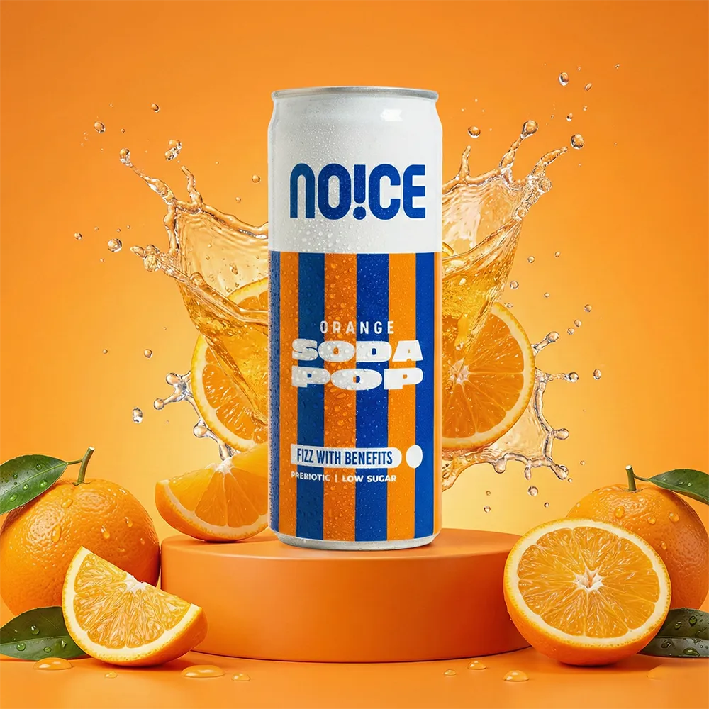 NOICE orange soda pop with low sugar and prebiotics, crafted with no preservatives.