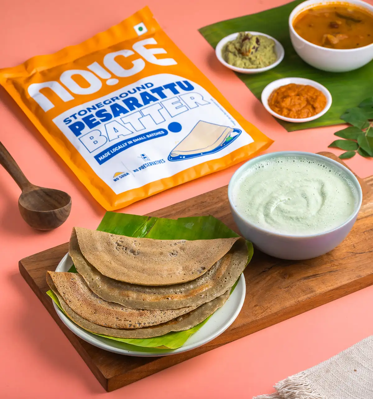 NOICE stone-ground moong chilla batter made with whole moong, naturally fermented in small batches with no preservatives.