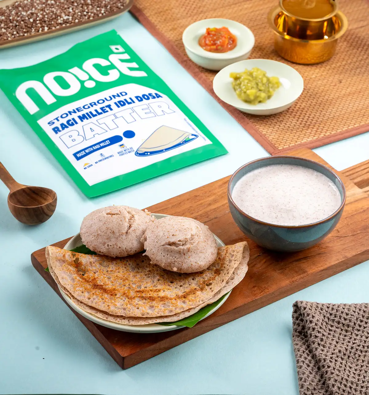 NOICE stoneground ragi millet idli dosa batter made in small batches with zero preservatives and no added soda