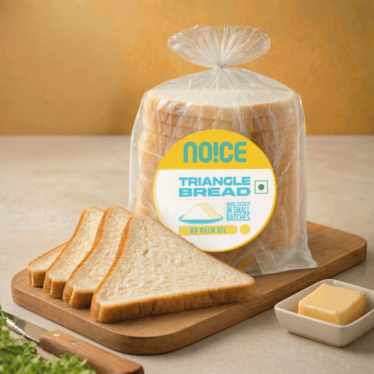 NOICE freshly made triangle bread pre-sliced into perfect triangles, baked with real butter and no palm oil.