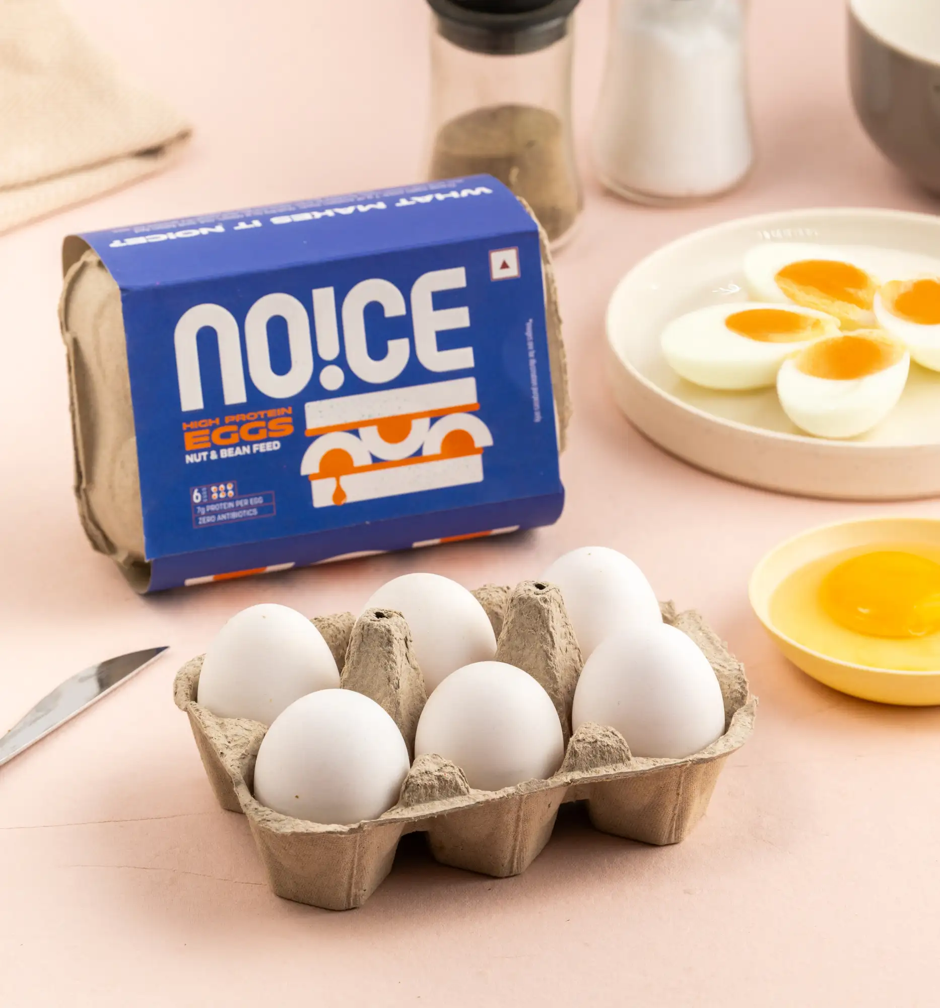 NOICE high protein eggs from nut and bean-fed hens, packing 7g of protein per egg with zero antibiotics