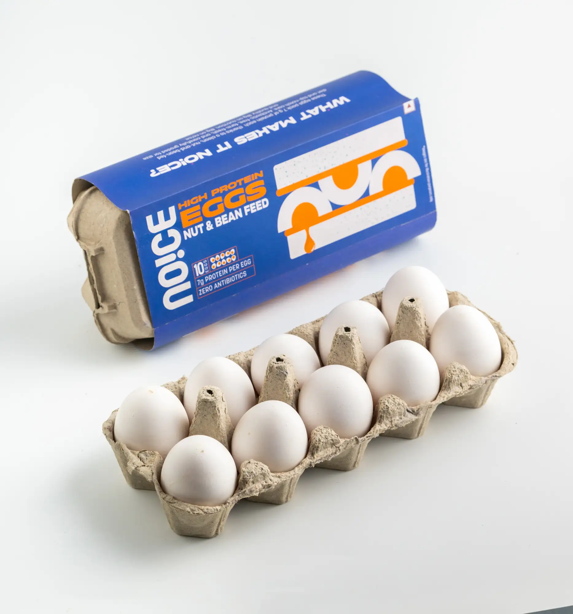 NOICE high protein eggs from nut and bean-fed hens, packing 7g of protein per egg with zero antibiotics