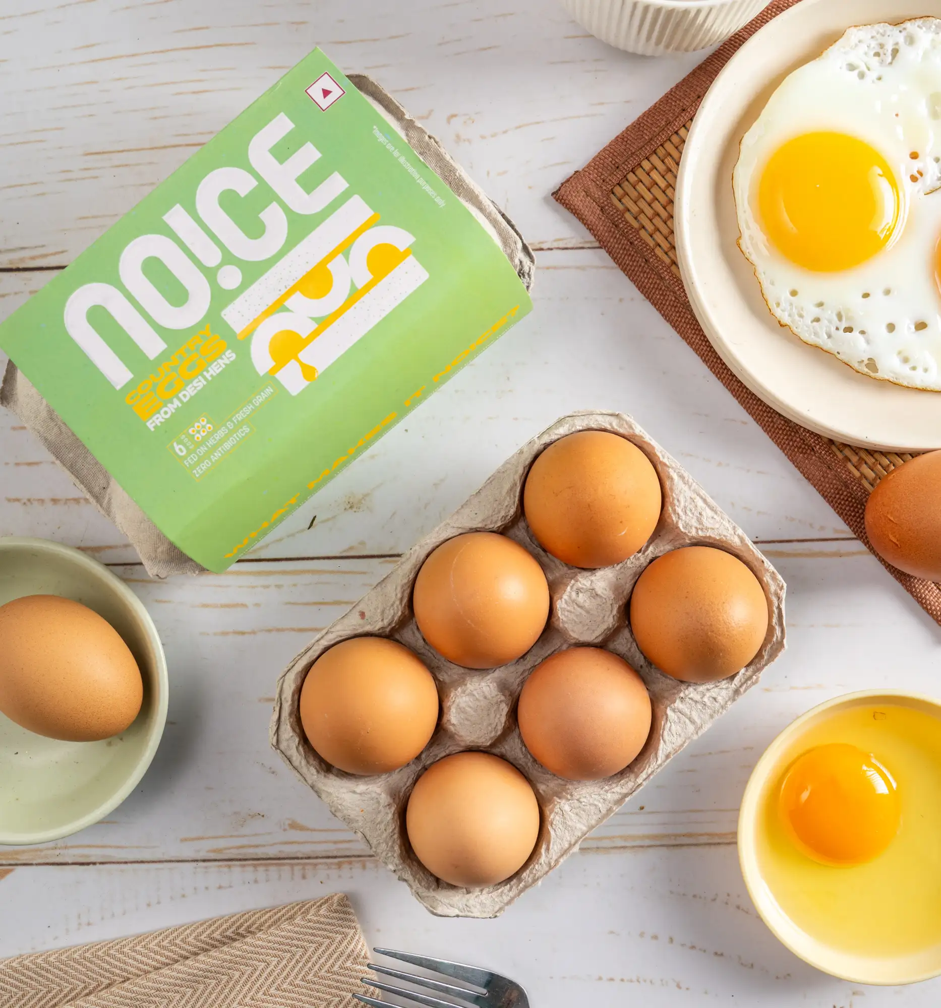 NOICE country eggs from desi hens fed on herbs and fresh grains, packed fresh with zero antibiotics.