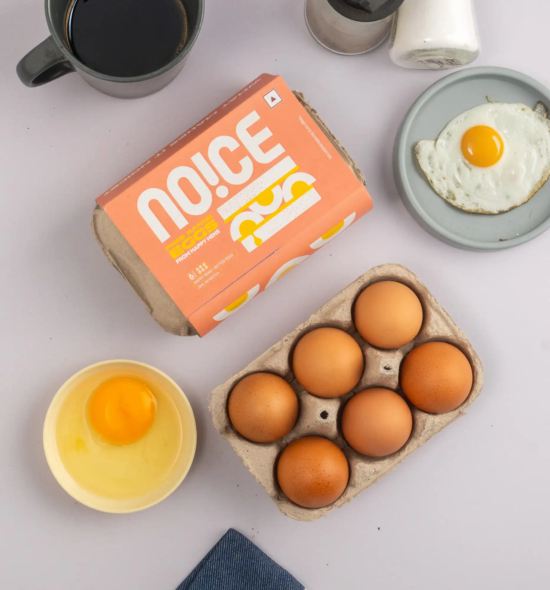 NOICE free range brown eggs from happy hens, packed fresh with zero antibiotics.
