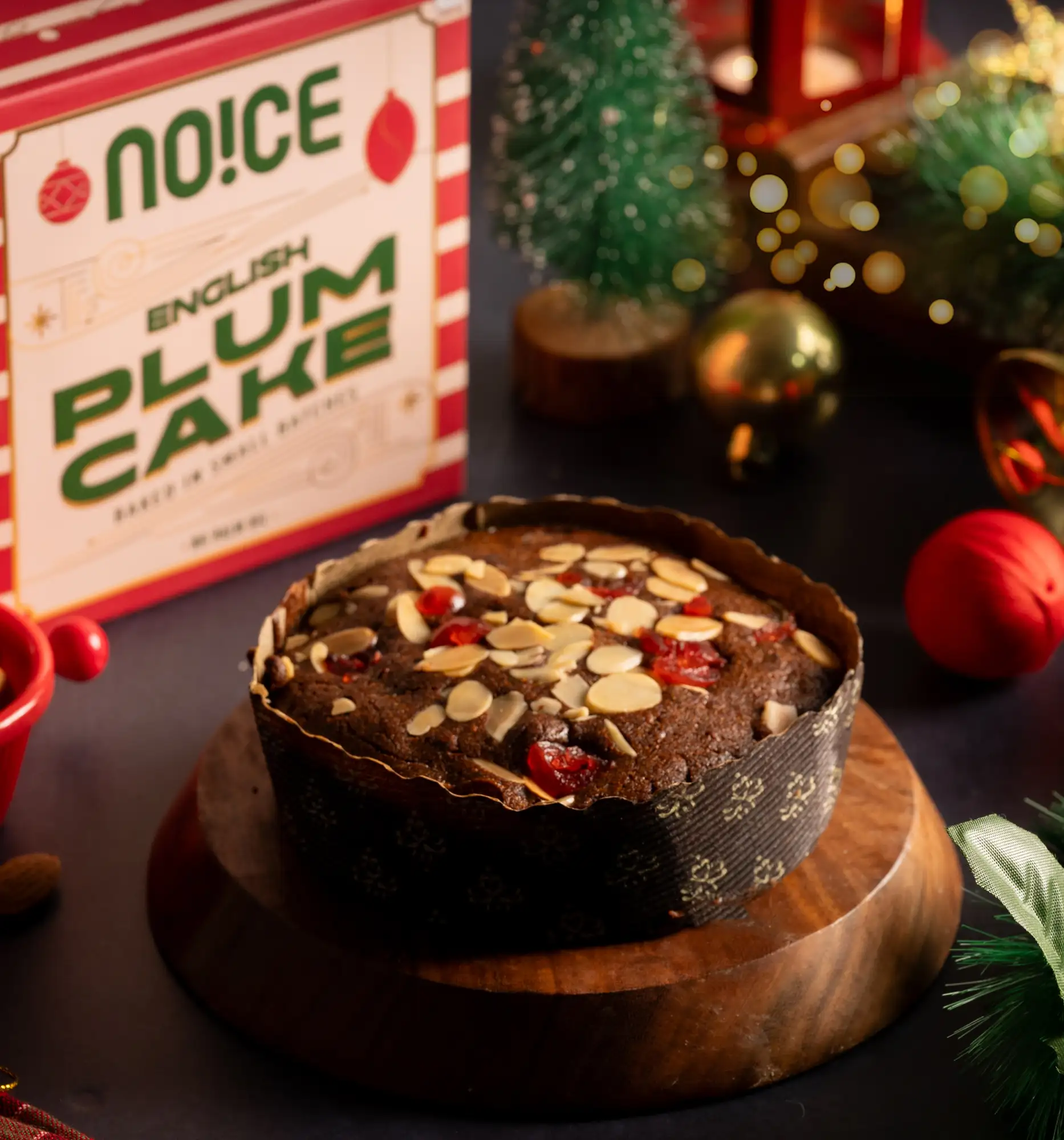 NOICE English Plum Cake, a moist and fragrant Christmas classic baked in small batches with real fruit, nuts, and spices without palm oil or artificial ingredients.