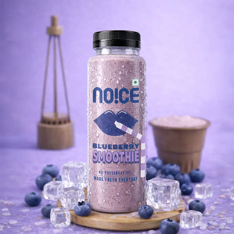 NOICE fresh blueberry smoothie blended with real blueberries and fresh curd, made daily with no preservatives