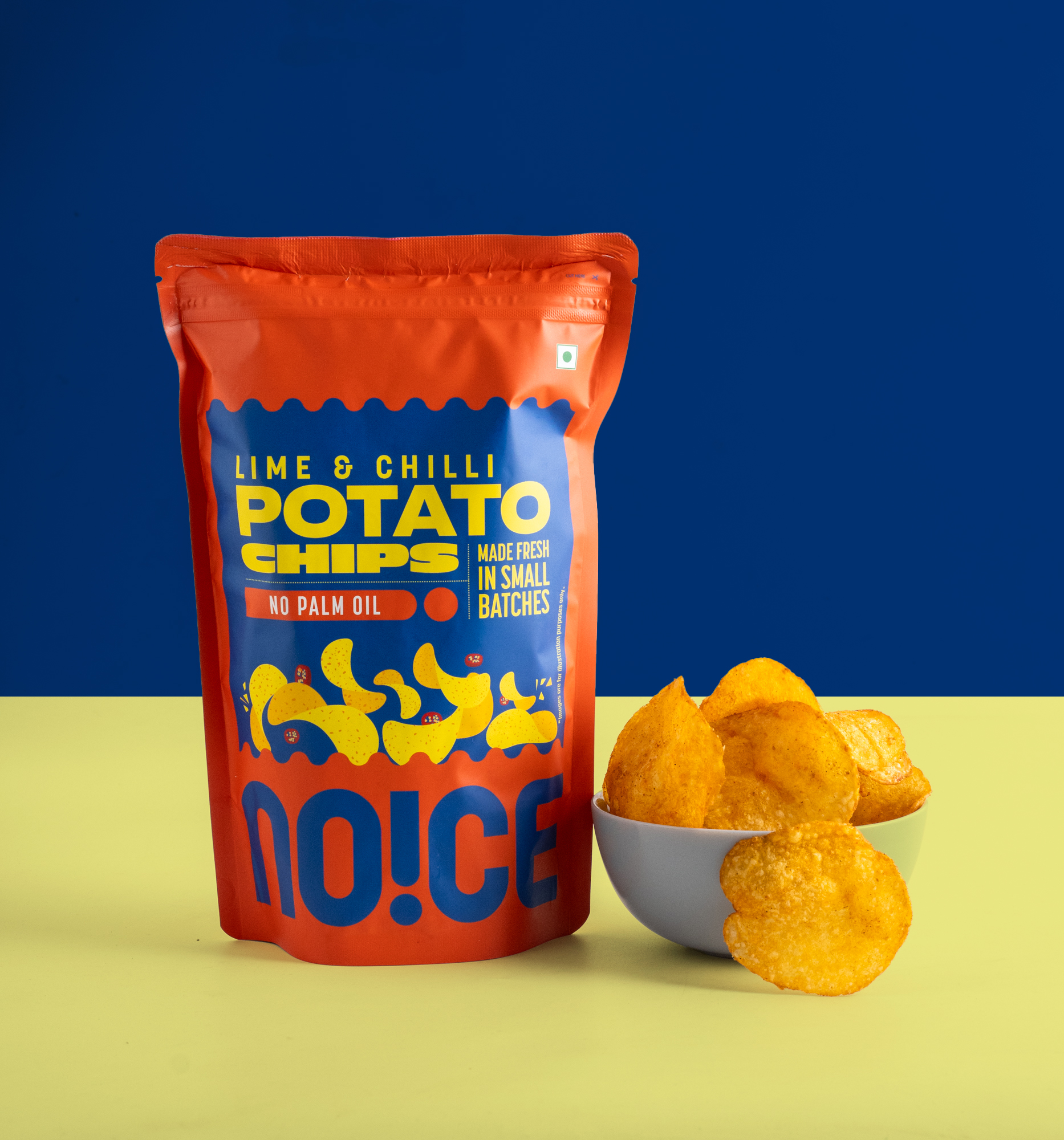 NOICE Lime & Chilli Potato Chips, crisp and tangy potato slices seasoned with a zingy lime and fiery chili blend, handcrafted in small batches without palm oil.