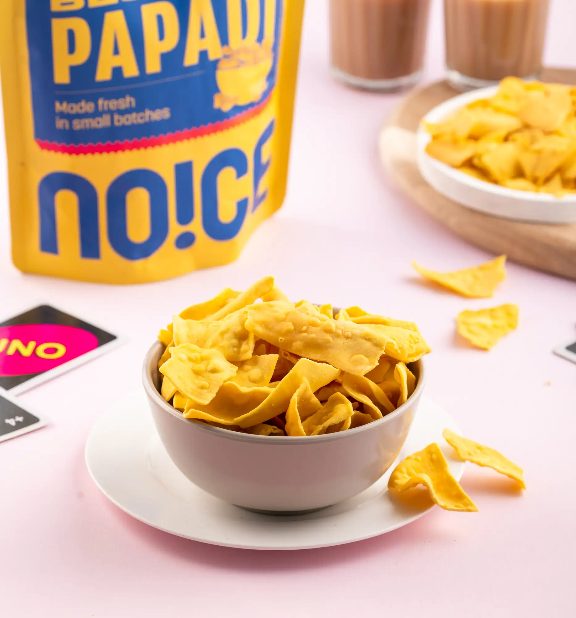 NOICE Besan Papdi, thin and crispy Gujarat-style gram flour snacks handmade in small batches with fresh groundnut oil, completely free from palm oil