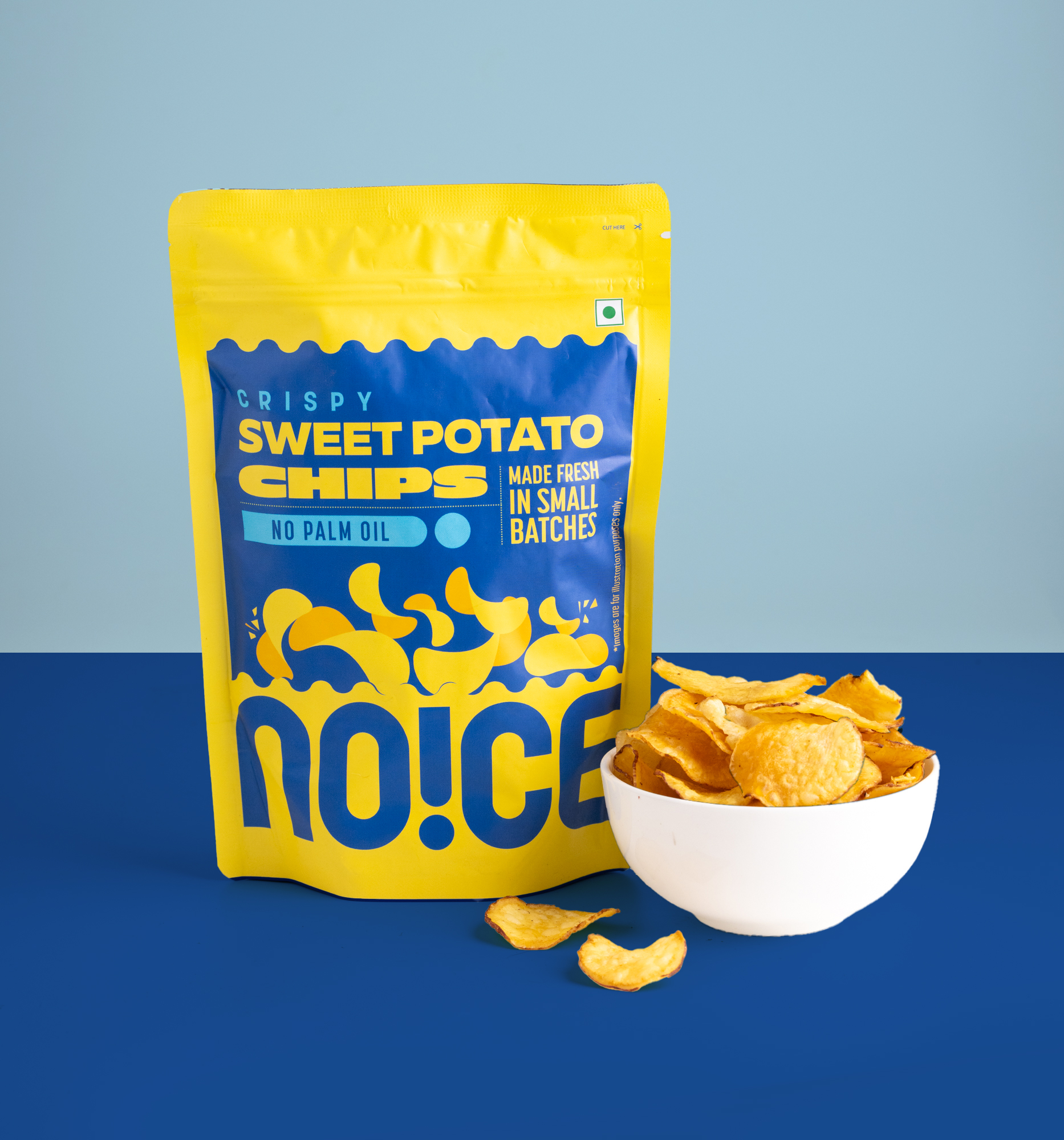 NOICE Salted Sweet Potato Chips, thin and crispy orange-hued sweet potato slices lightly seasoned with sea salt, handcrafted without palm oil or preservatives