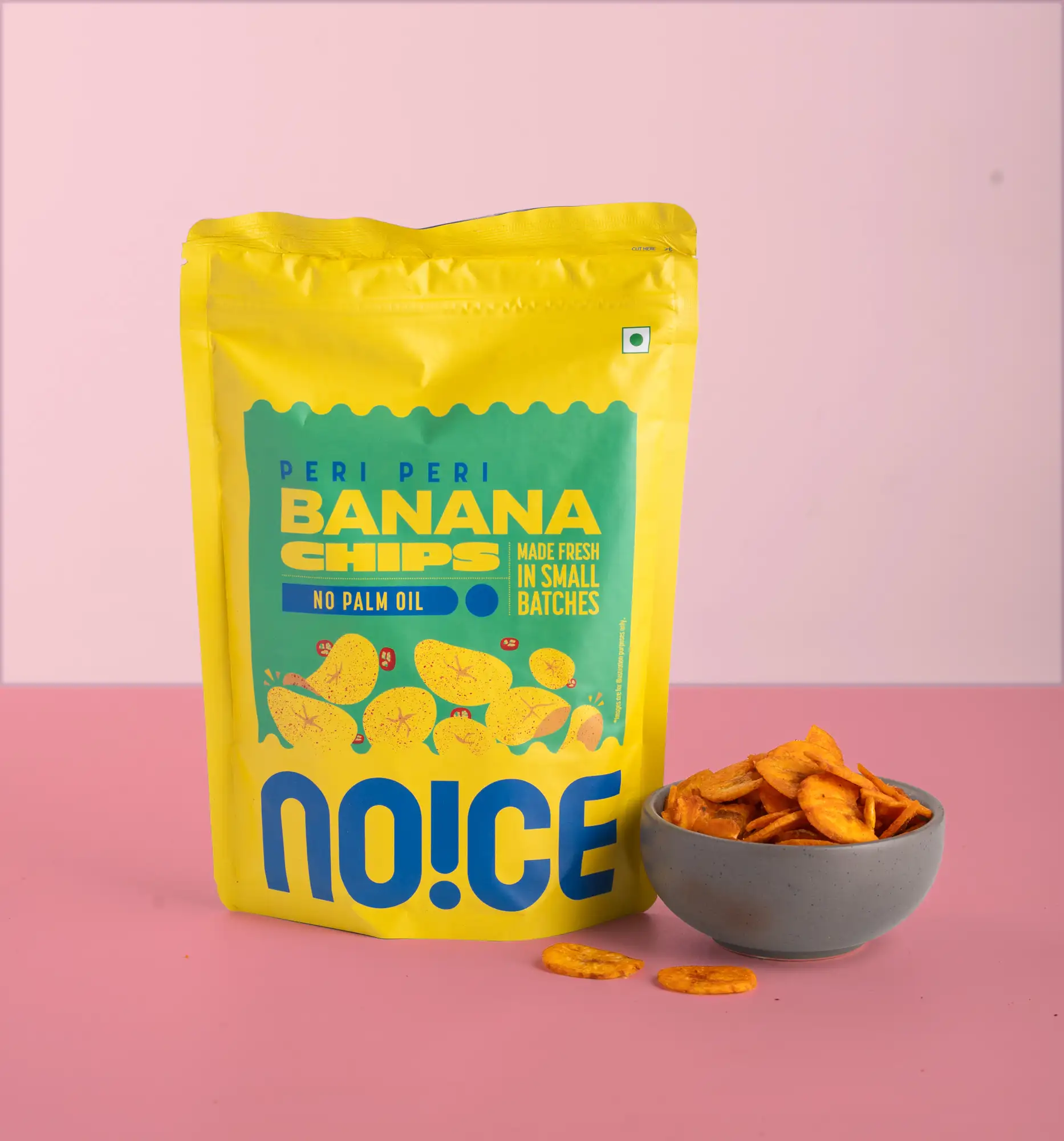 NOICE Peri Peri Banana Chips, crispy and fiery sweet ripe banana slices coated in a spicy peri peri seasoning, handcrafted using fresh coconut oil and zero palm oil.
