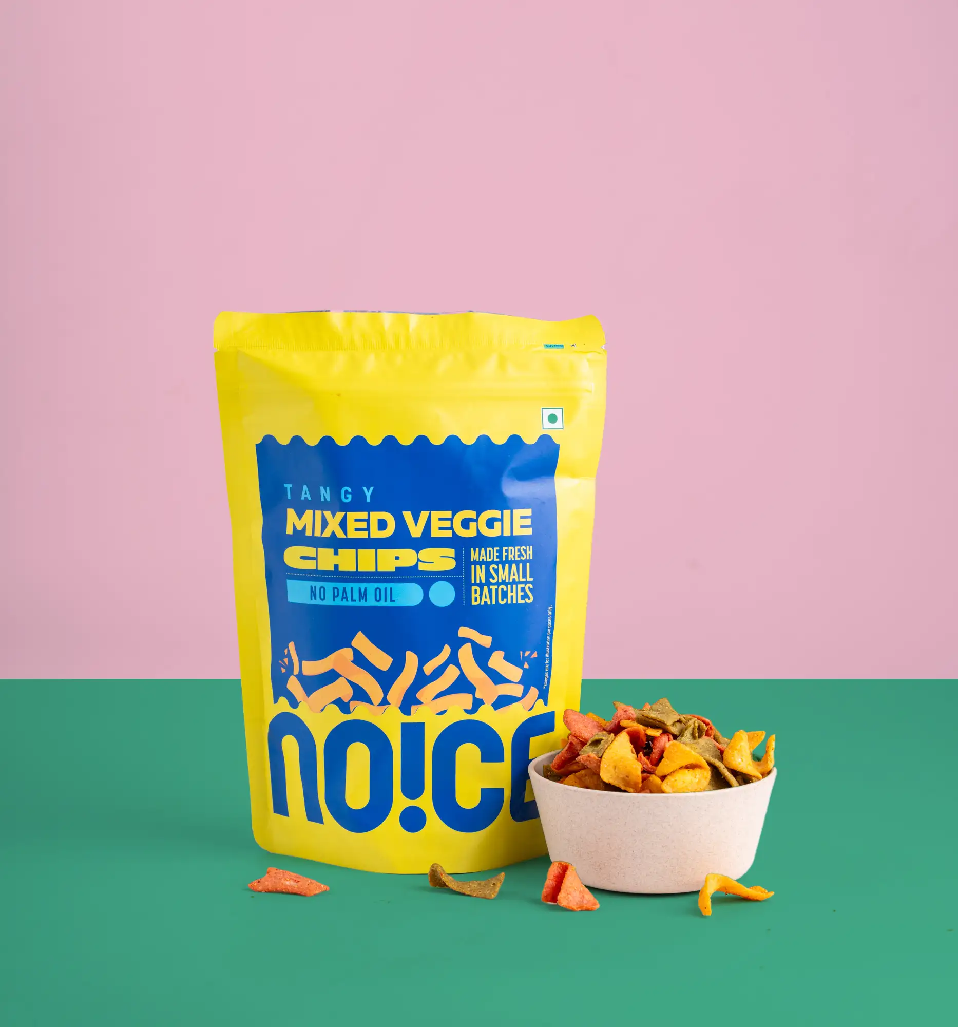 NOICE Mix Veggie Chips, colorful and crunchy vegetable crisps made with beetroot, carrot, and spinach powders, seasoned with a tangy spice blend