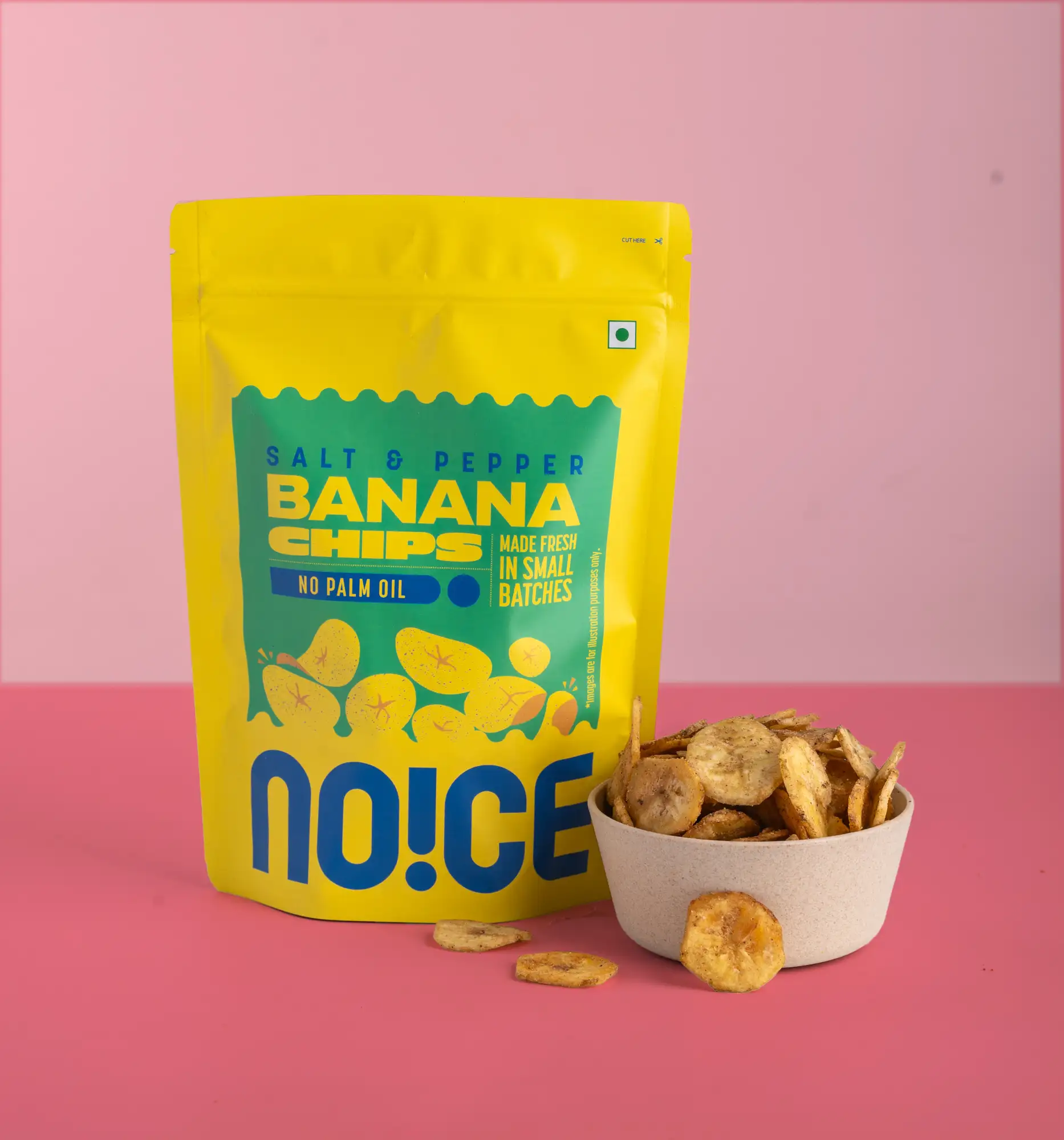 NOICE Salt & Pepper Banana Chips, crispy homestyle banana chips with bold seasoning crafted in small batches with fresh rice bran oil, completely free from palm oil