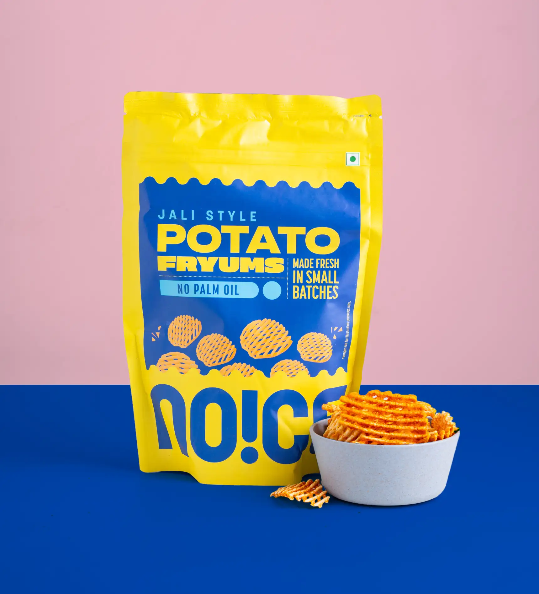 NOICE Jhali Potato Fryums, golden lacy and net-patterned potato crisps with an airy texture, made without palm oil or preservatives