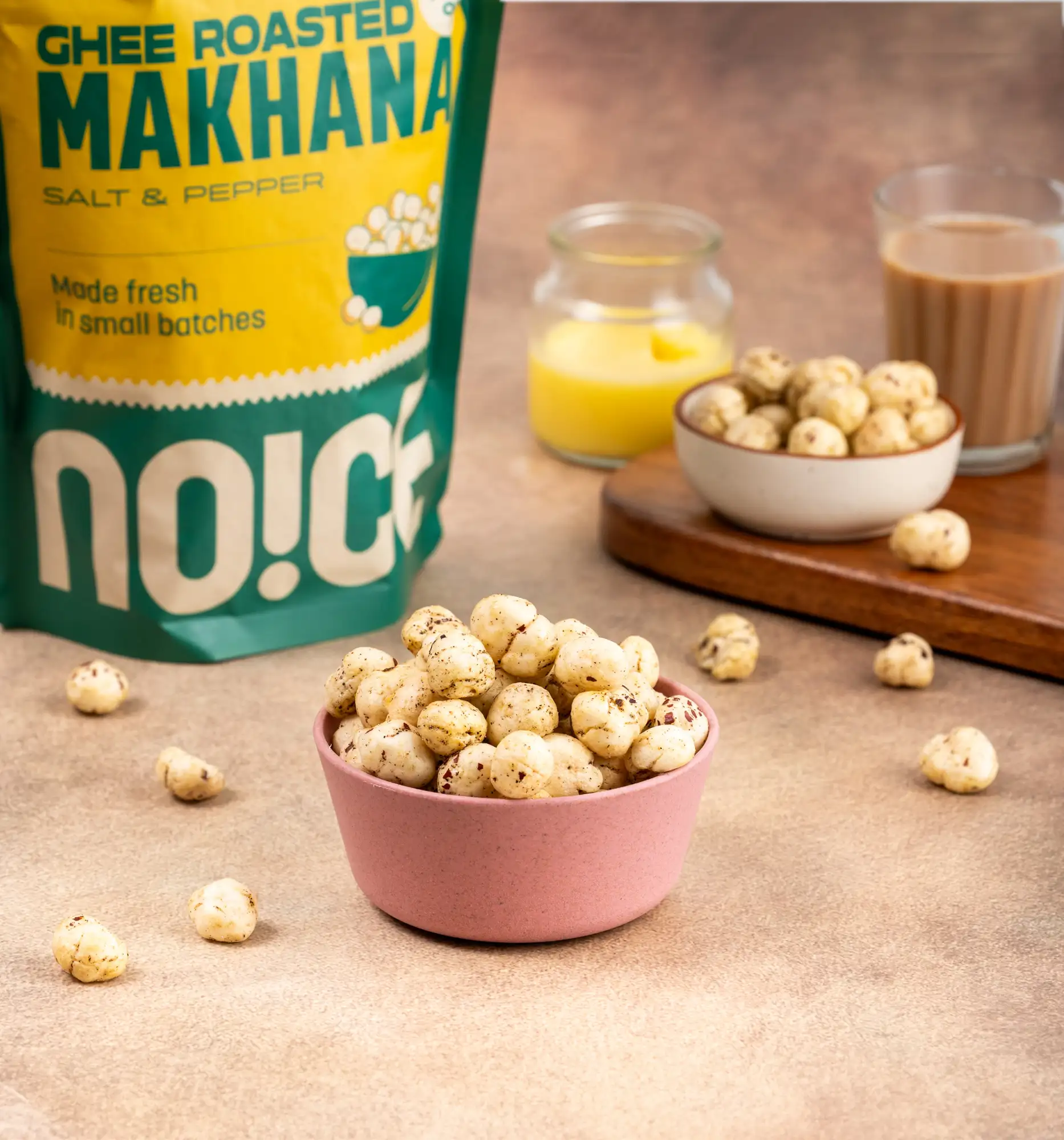 NOICE Ghee Roasted Makhana, light and crunchy fox nuts roasted in pure ghee and seasoned with salt and pepper, crafted in small batches with no palm oil