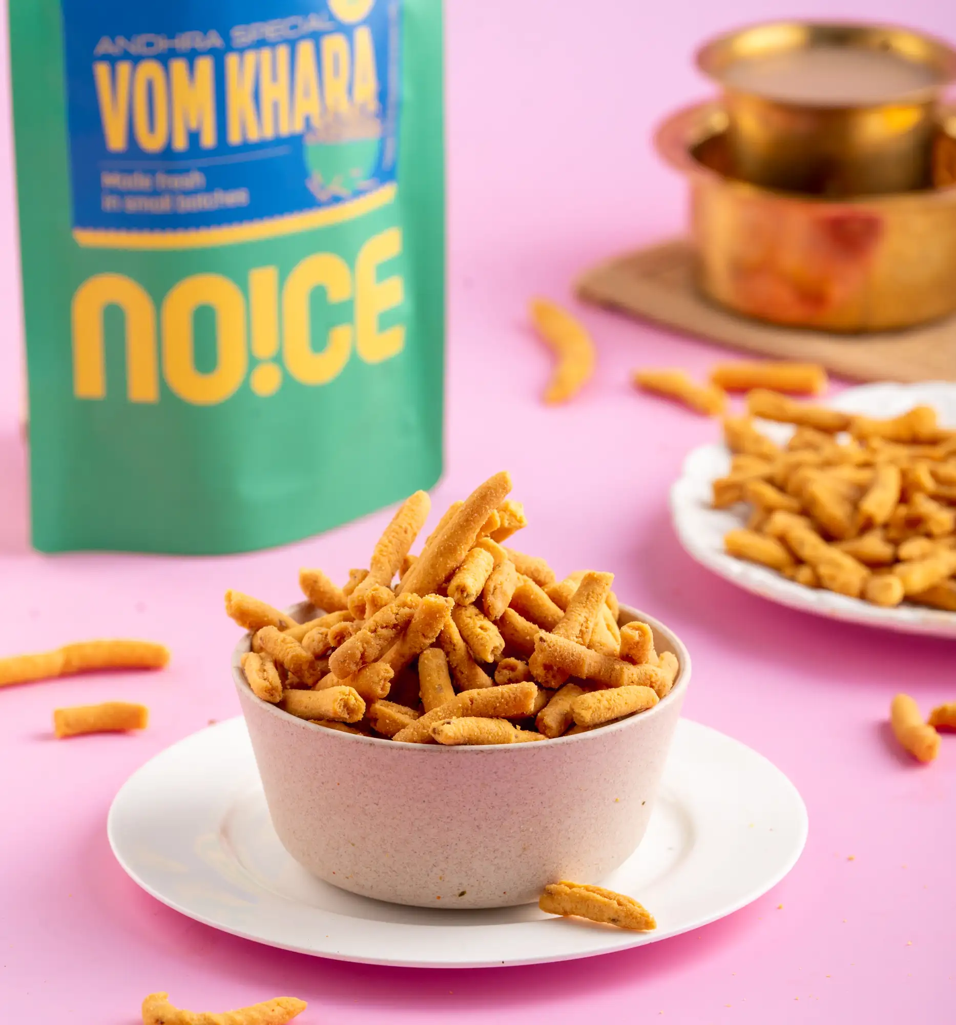 NOICE Vam Khara, a spicy and crunchy Andhra-style trail mix made with sev, lentils, and curry leaves, handcrafted using fresh groundnut oil without palm oil