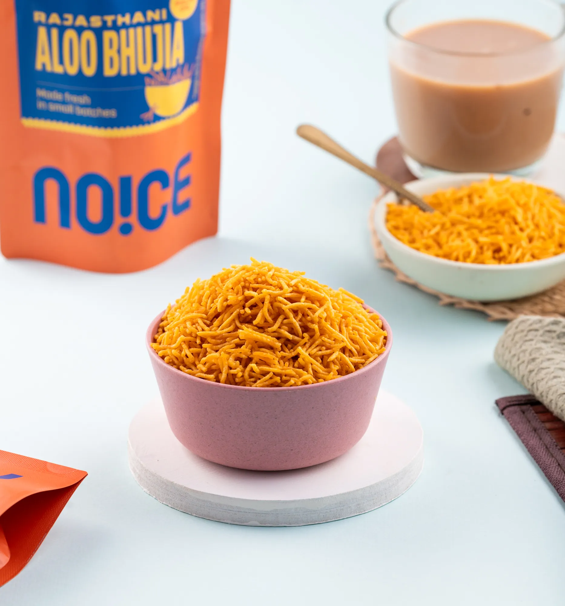 NOICE Spiced Aloo Bhujia, crunchy Rajasthan-style potato noodles seasoned with authentic spices and made with fresh rice bran oil, free from palm oil.