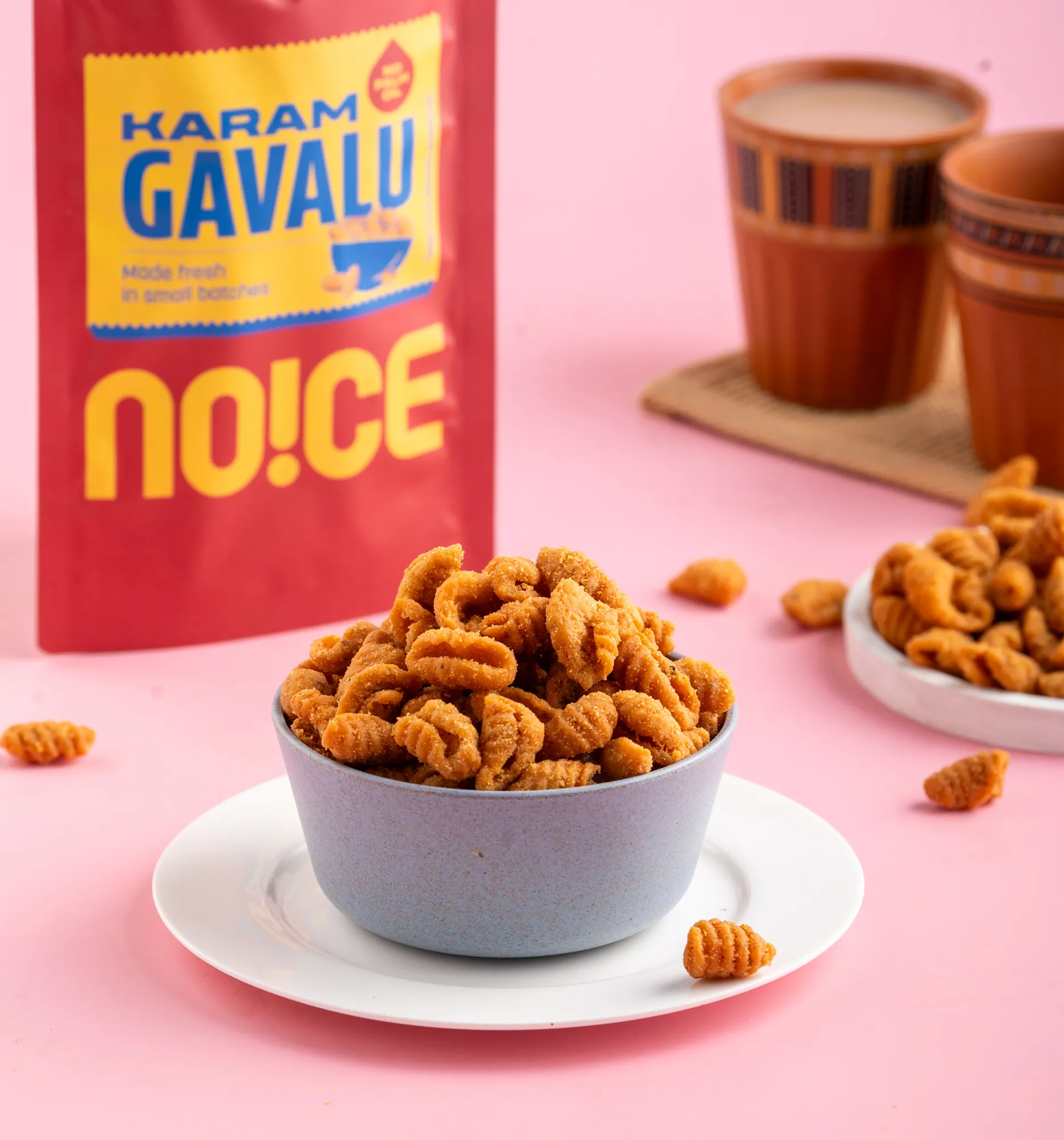 NOICE Karam Gavvalu, spicy and crispy shell-shaped savory bites from Andhra Pradesh, handcrafted in small batches using fresh groundnut oil and zero palm oil