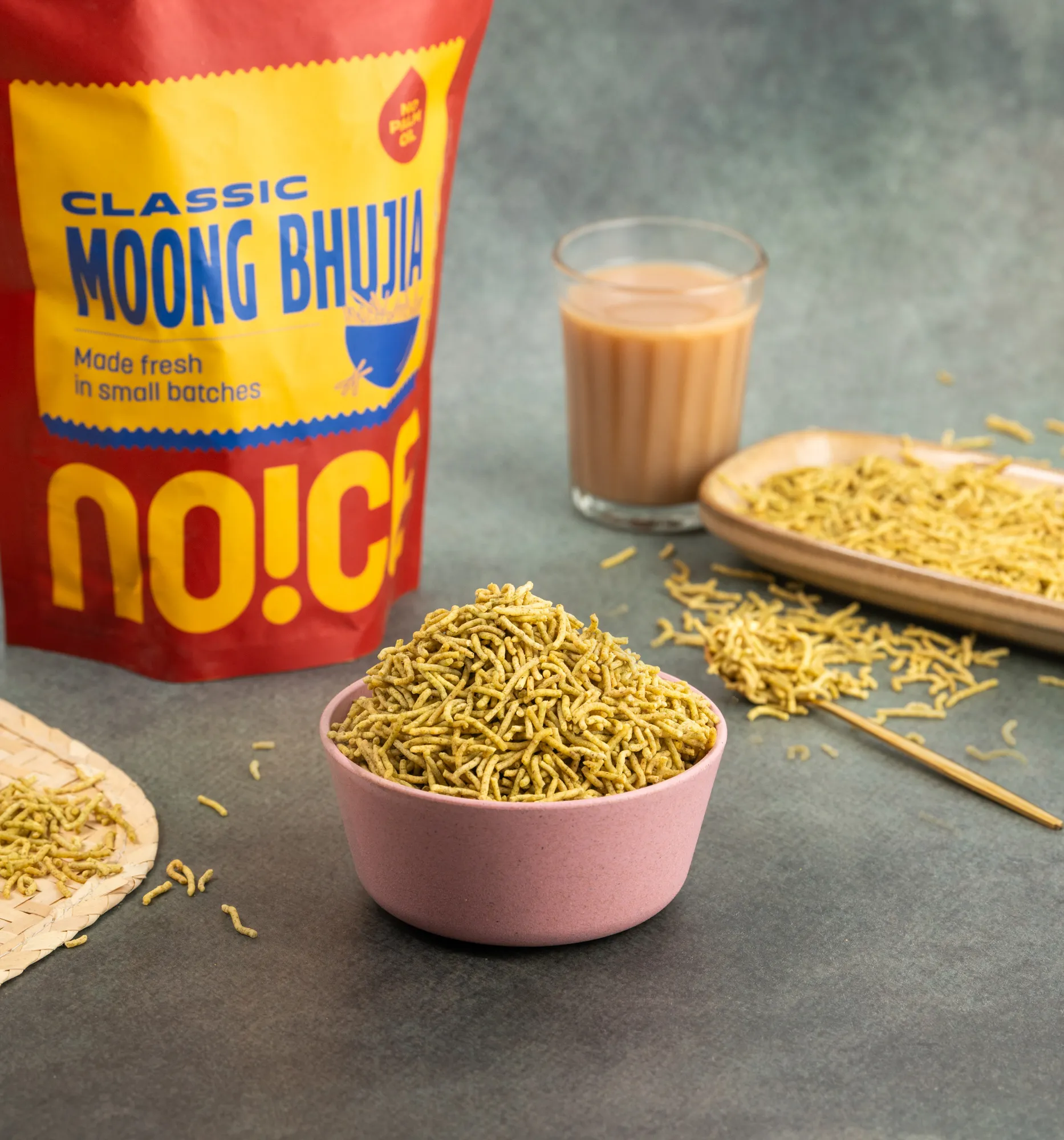 NOICE Classic Moong Bhujia, fine and crispy golden bhujia made from moong dal, handcrafted in small batches without palm oil or preservatives