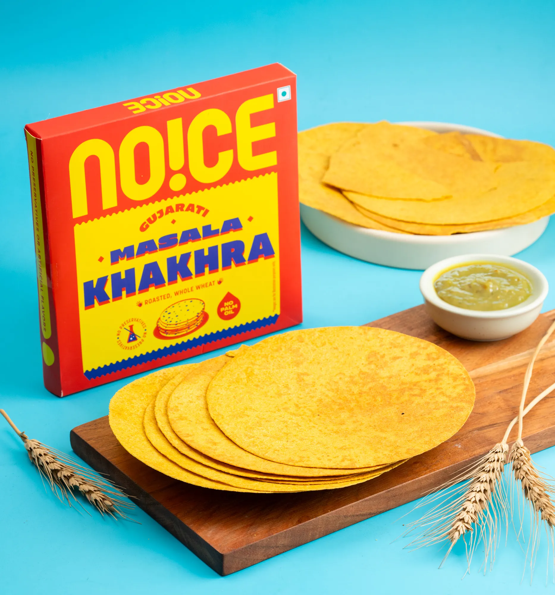 NOICE Masala Khakhra, thin and crispy whole wheat flatbread seasoned with bold Indian spices, slow-roasted to perfection with zero palm oil