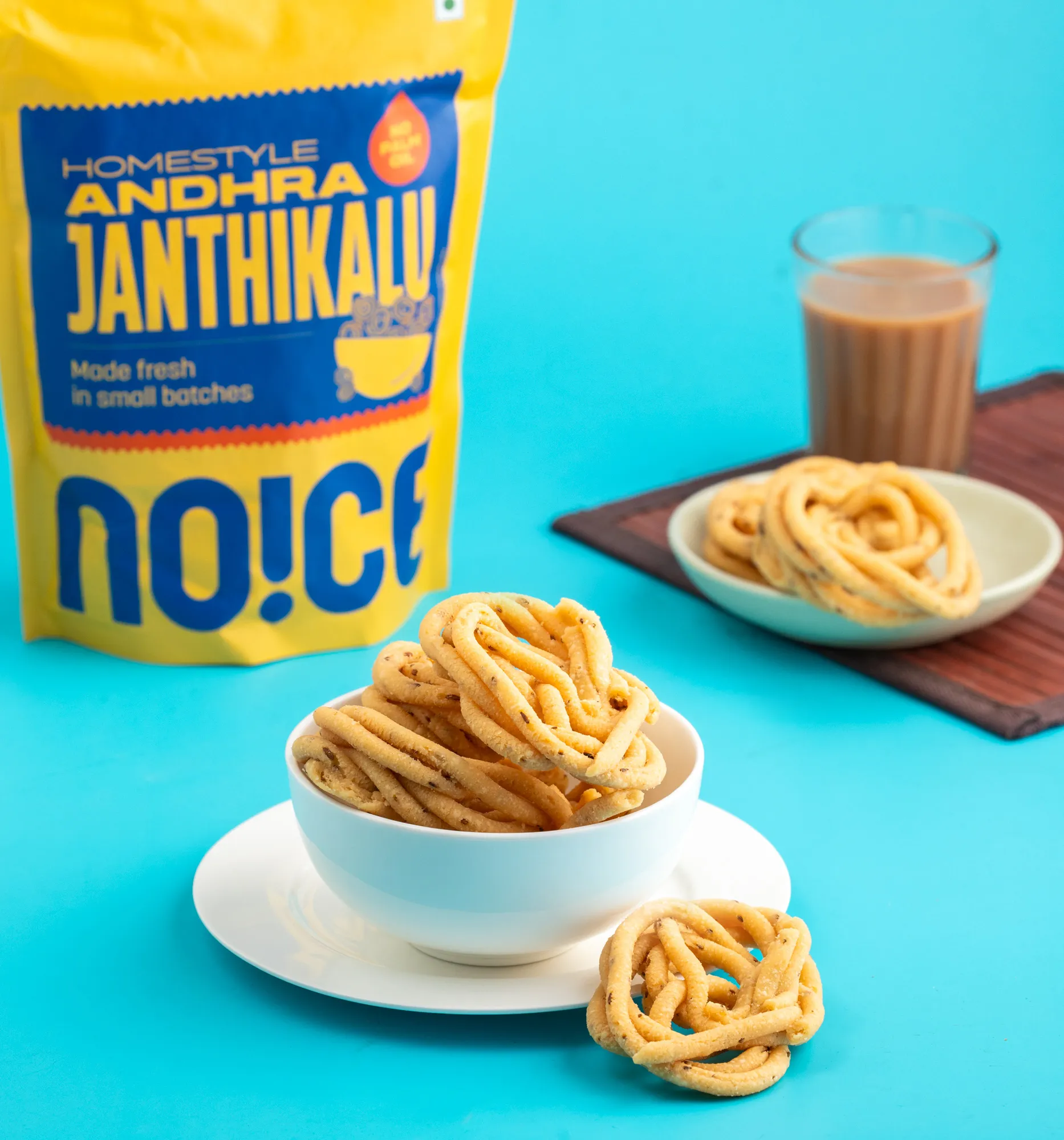 NOICE Homestyle Janthikalu, golden-brown crispy murukku-style twisty snacks made with gram flour and rice flour, handcrafted without palm oil.