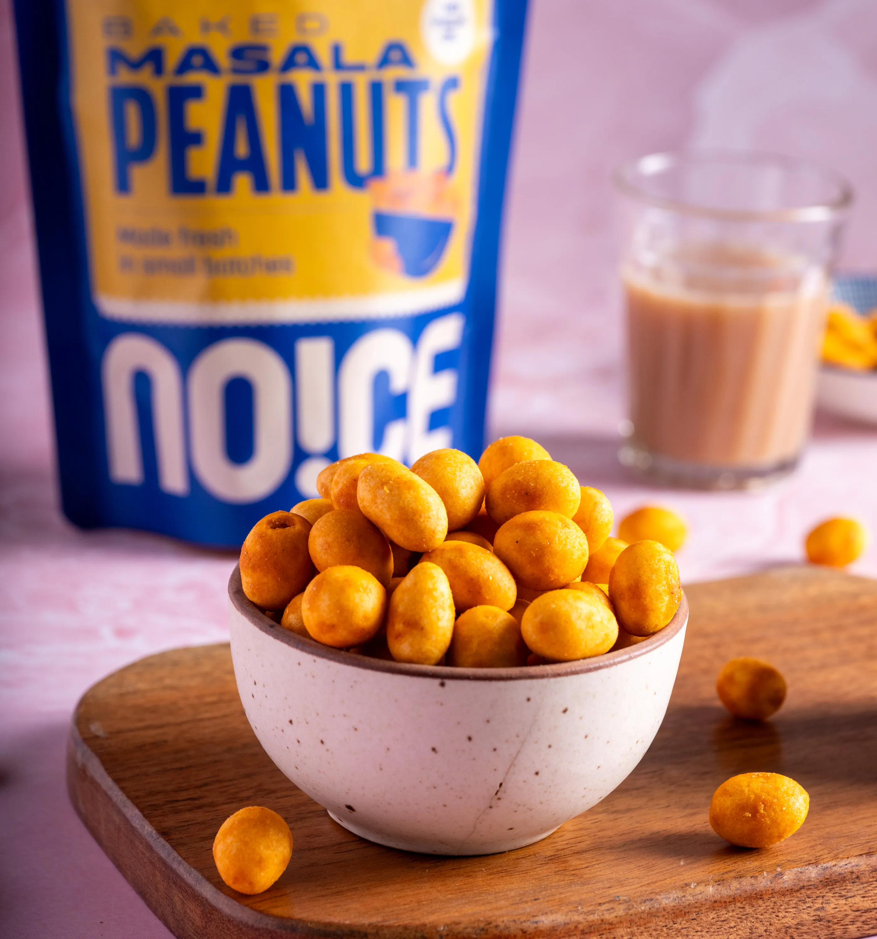 NOICE Baked Masala Peanuts, crunchy and spicy peanuts tossed in bold Indian spices, baked in small batches with no palm oil and no artificial flavors