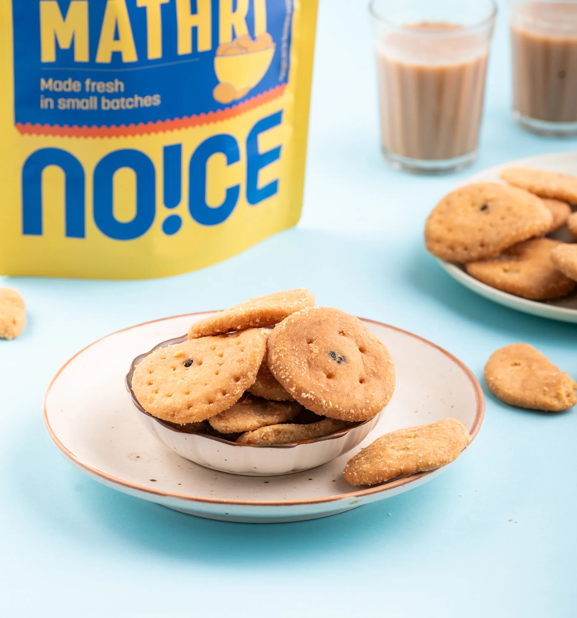 NOICE Gol Mathri, flaky and golden North Indian snacks crafted homestyle in small batches with fresh rice bran oil, completely free from palm oil