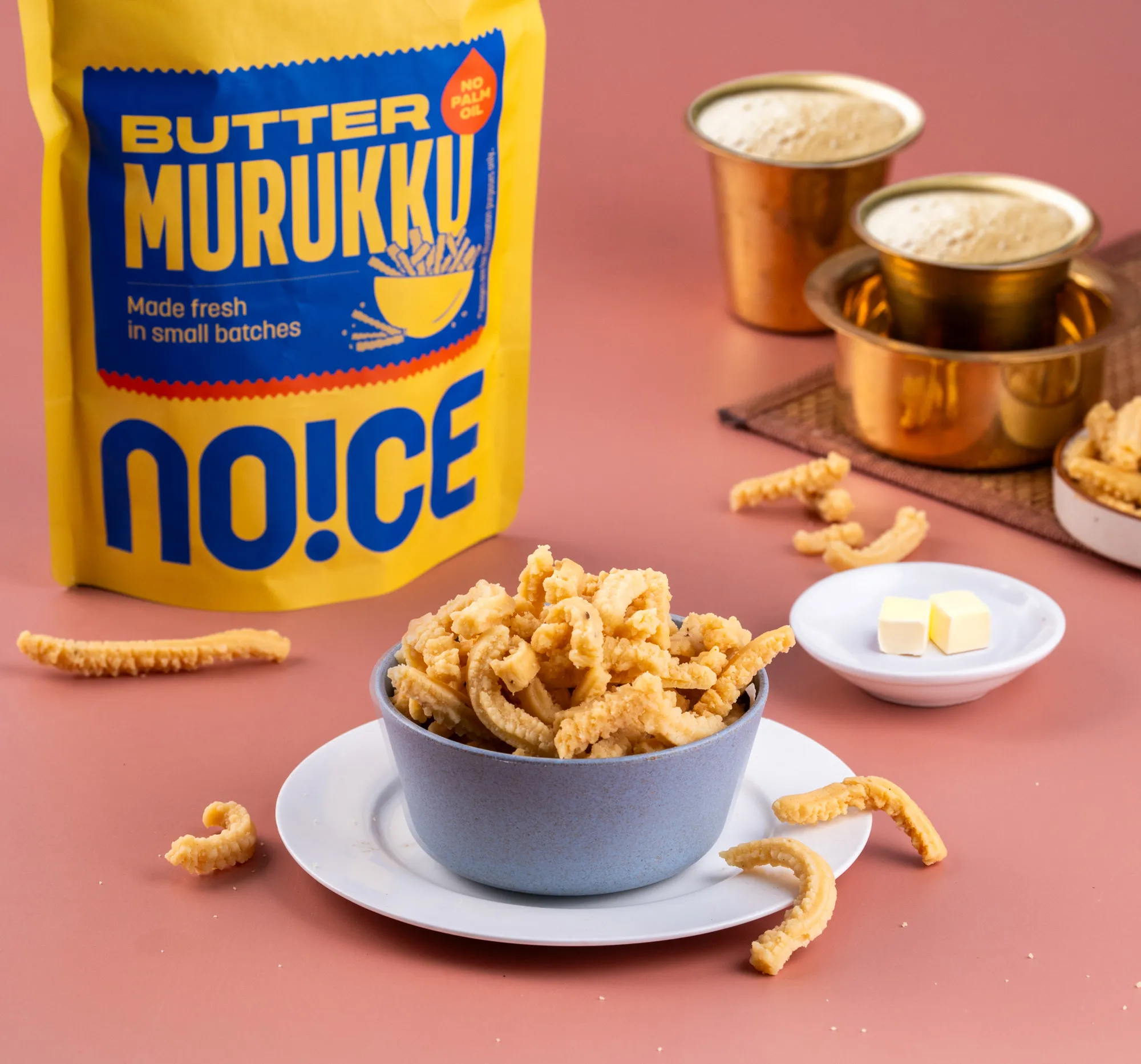 NOICE Butter Murukku, golden and crumbly traditional South Indian savory coils made with real butter and rice flour, handcrafted without palm oil.