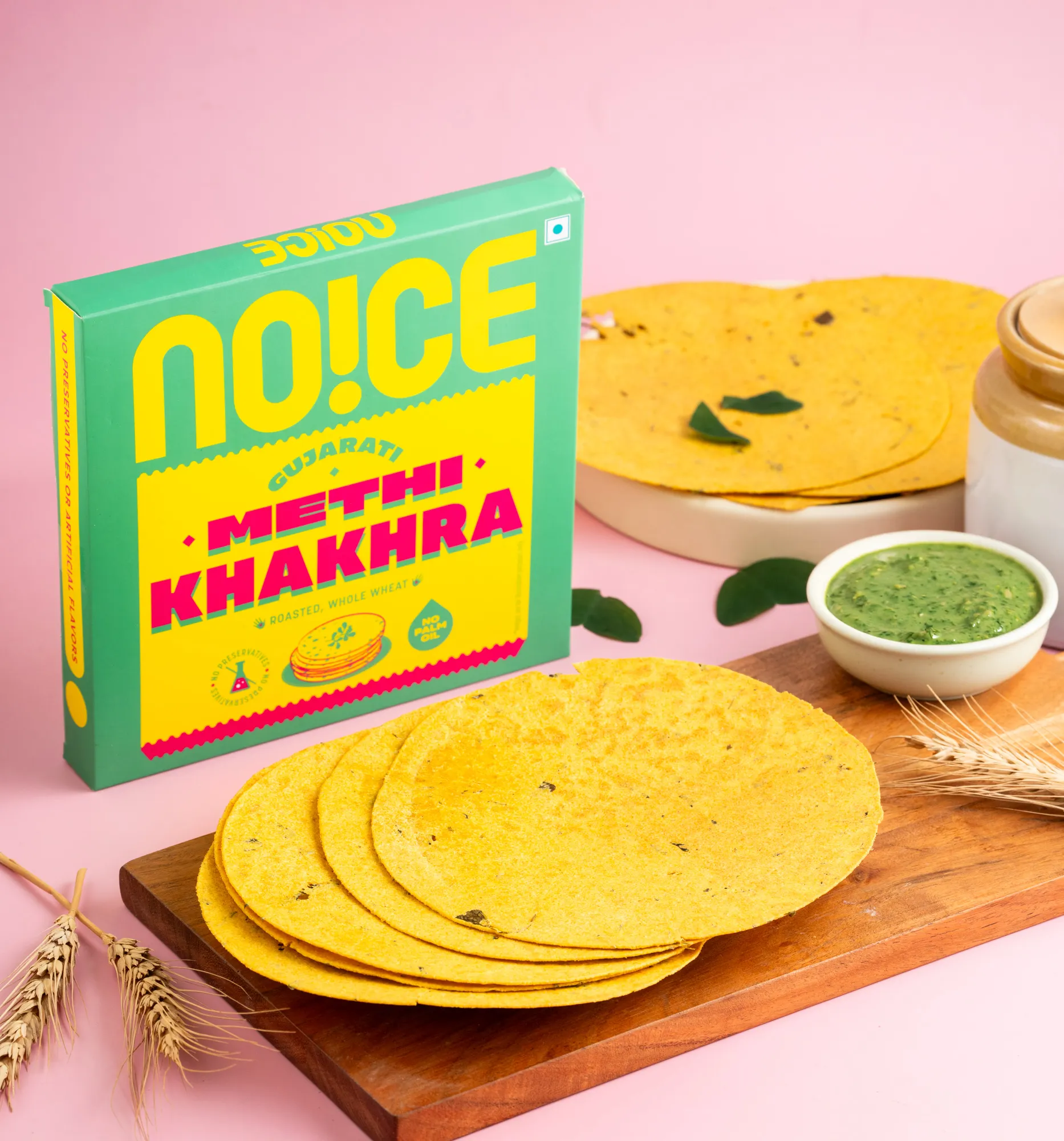 NOICE Gujarati Methi Khakhra, thin and crispy whole wheat flatbread infused with real dried fenugreek leaves (methi), handcrafted without palm oil or preservatives