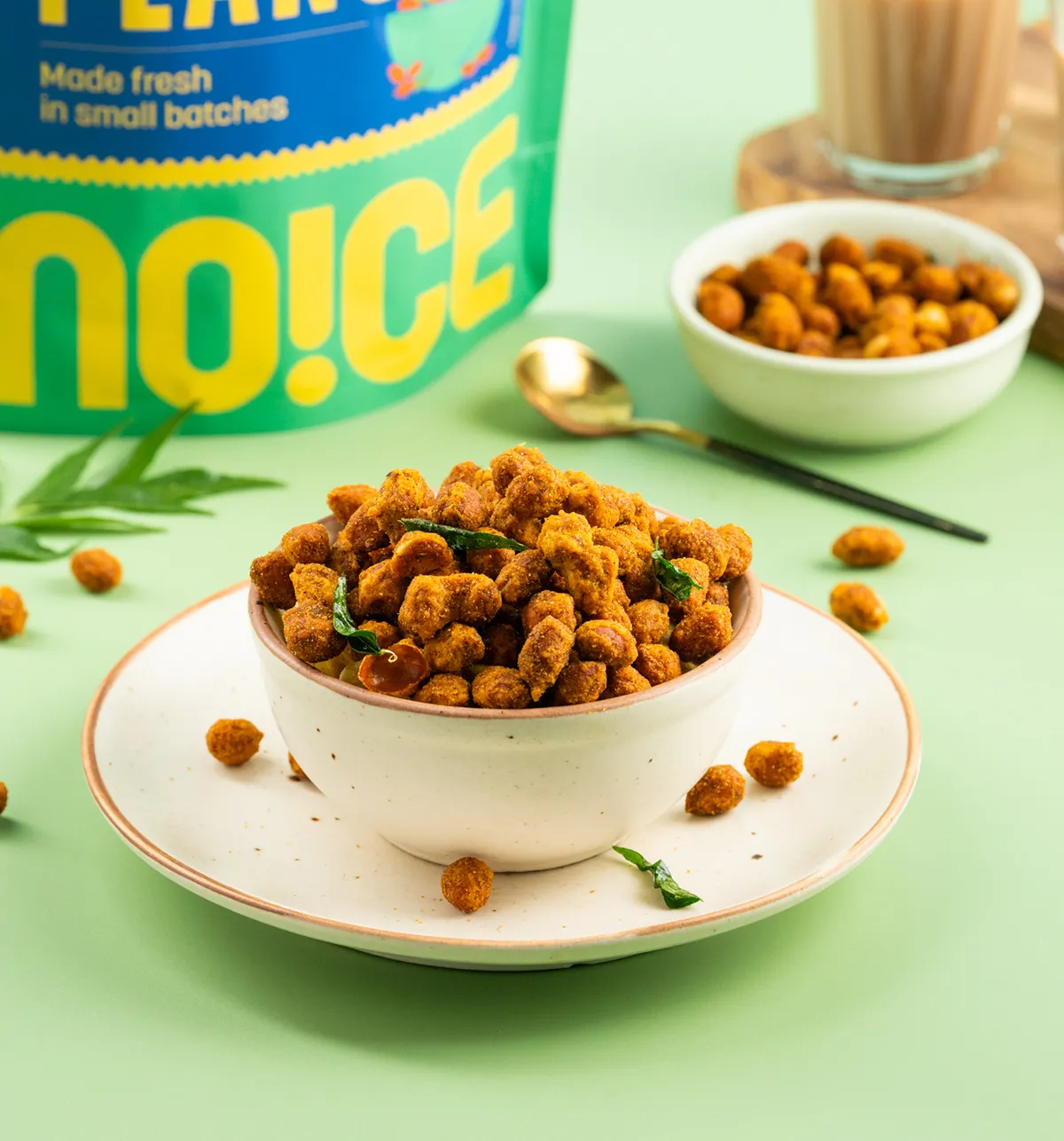 NOICE Masala Coated Peanuts, crunchy protein-packed peanuts coated in a zesty masala blend and fried in fresh, non-reused sunflower oil
