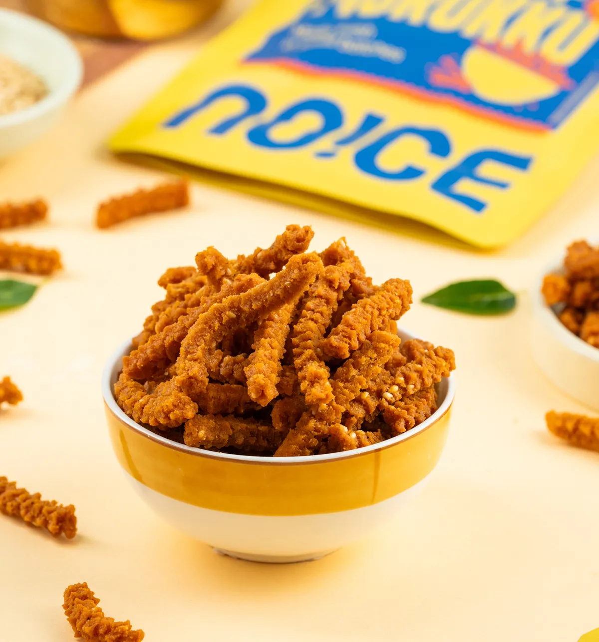 NOICE Millet Murukku, a crispy and crunchy foxtail millet snack made with an authentic Karnataka recipe and fresh rice bran oil, free from palm oil.
