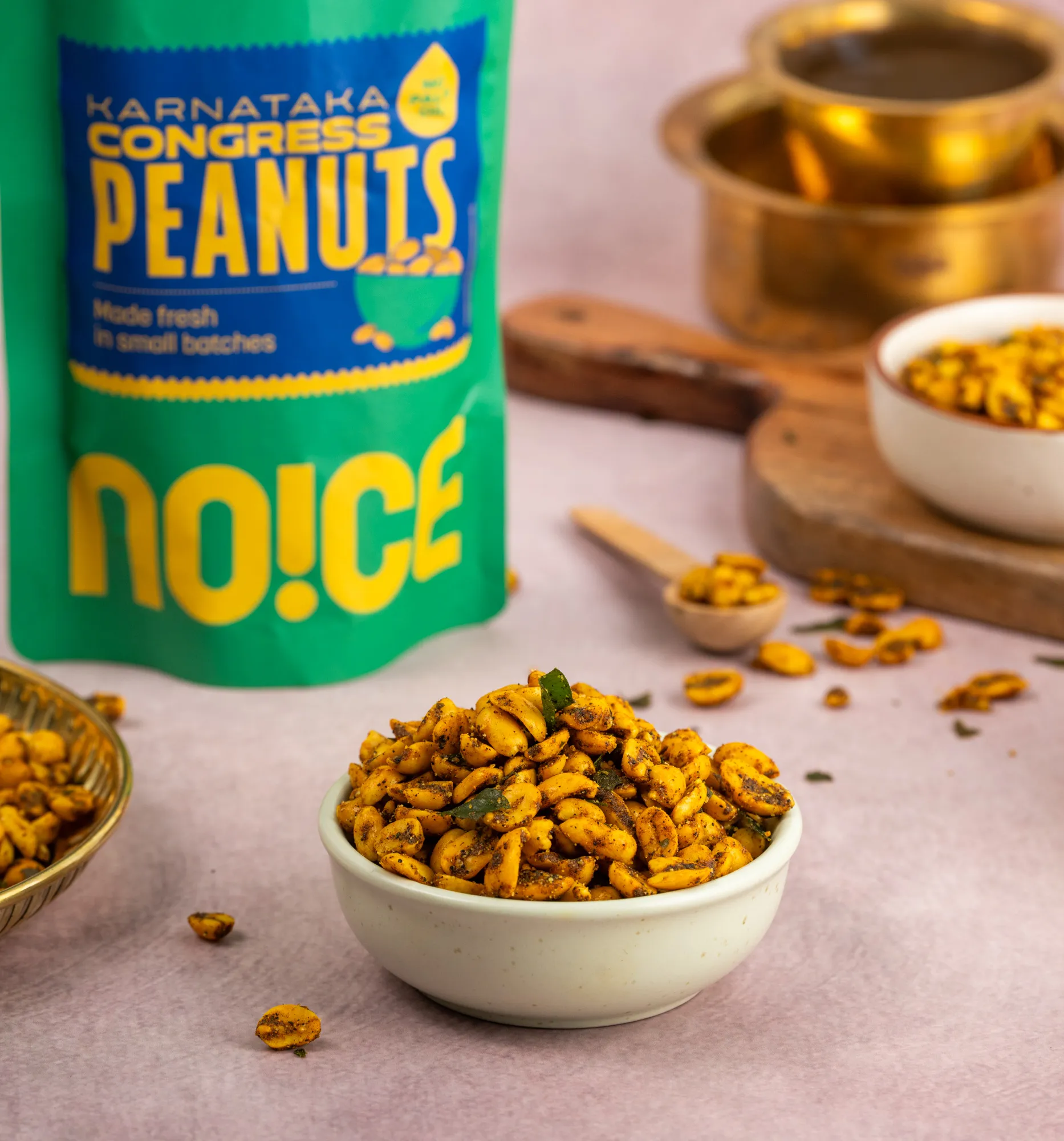 NOICE Congress Peanuts, split peanuts roasted in a traditional Karnataka spice blend with curry leaves and black pepper, made with fresh rice bran oil