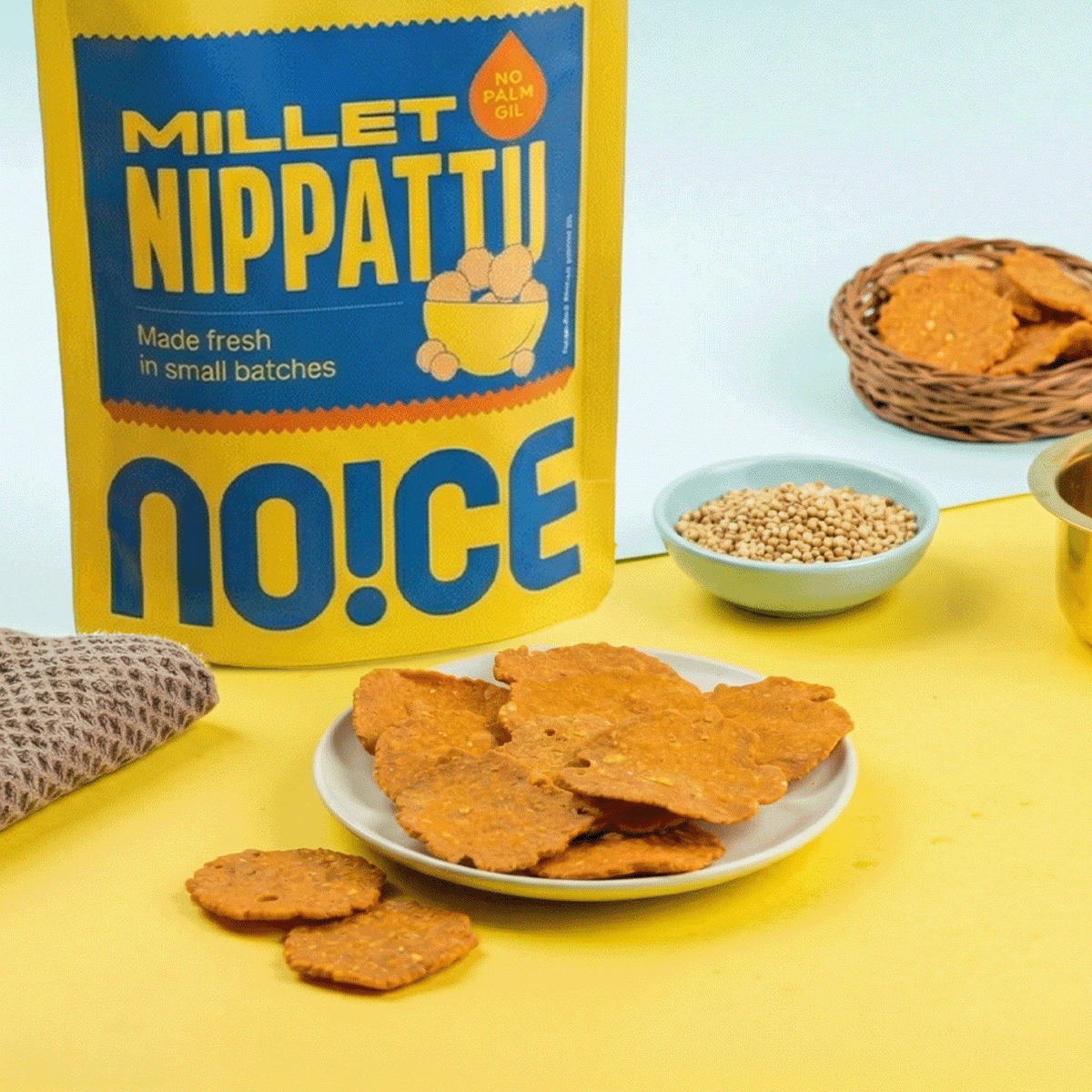 NOICE Millet Nippatu, golden and crispy round foxtail millet discs, perfectly spiced and handcrafted in small batches using fresh sunflower oil without palm oil or preservatives.