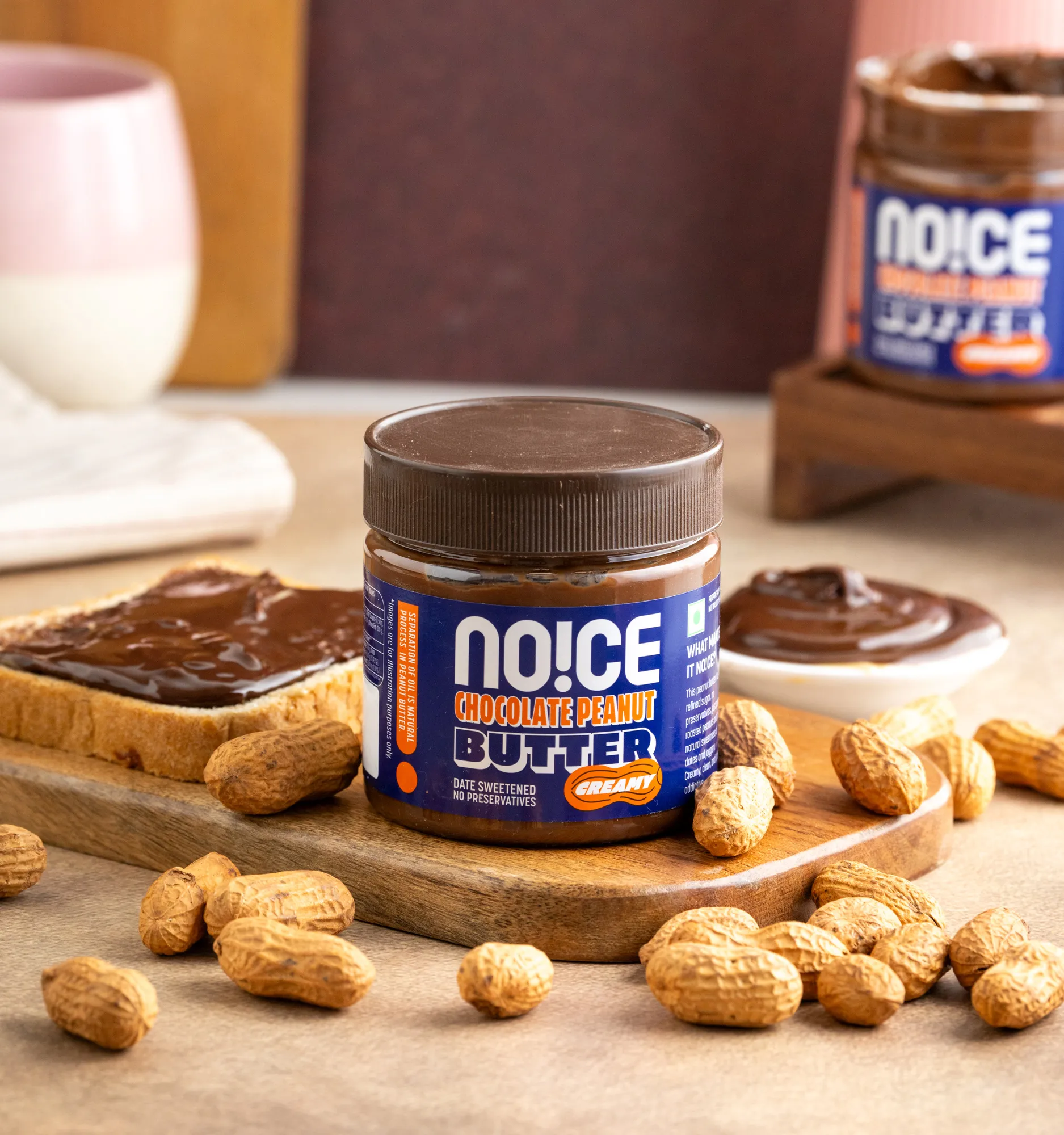 NOICE Chocolate Peanut Butter made with slow-roasted peanuts, naturally sweetened with dates, with no refined sugar, no preservatives and no palm oil.