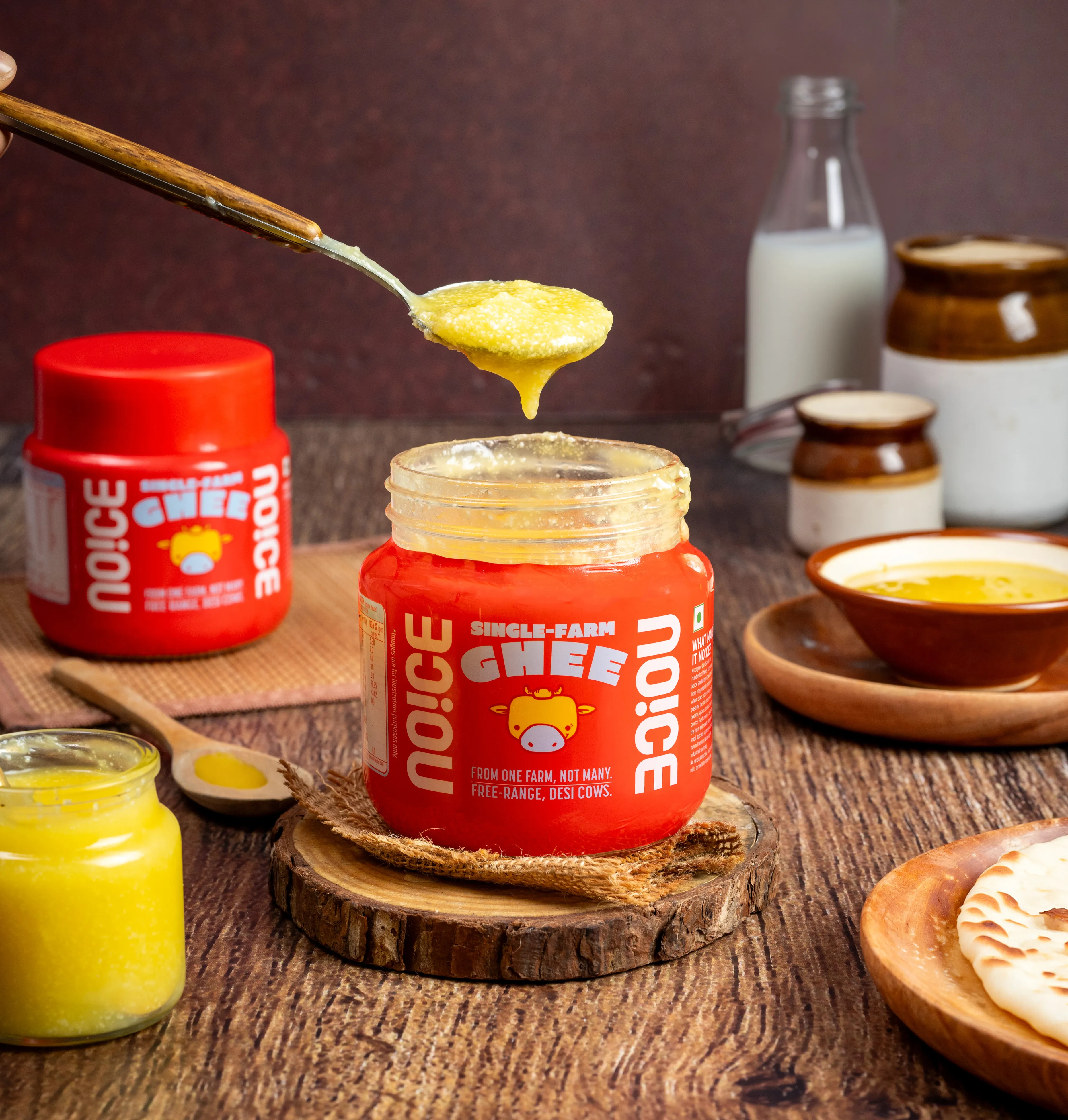 NOICE Desi Cow Ghee made from milk of free-range desi cows on a single farm, slowly simmered in small batches for rich aroma and authentic flavour.