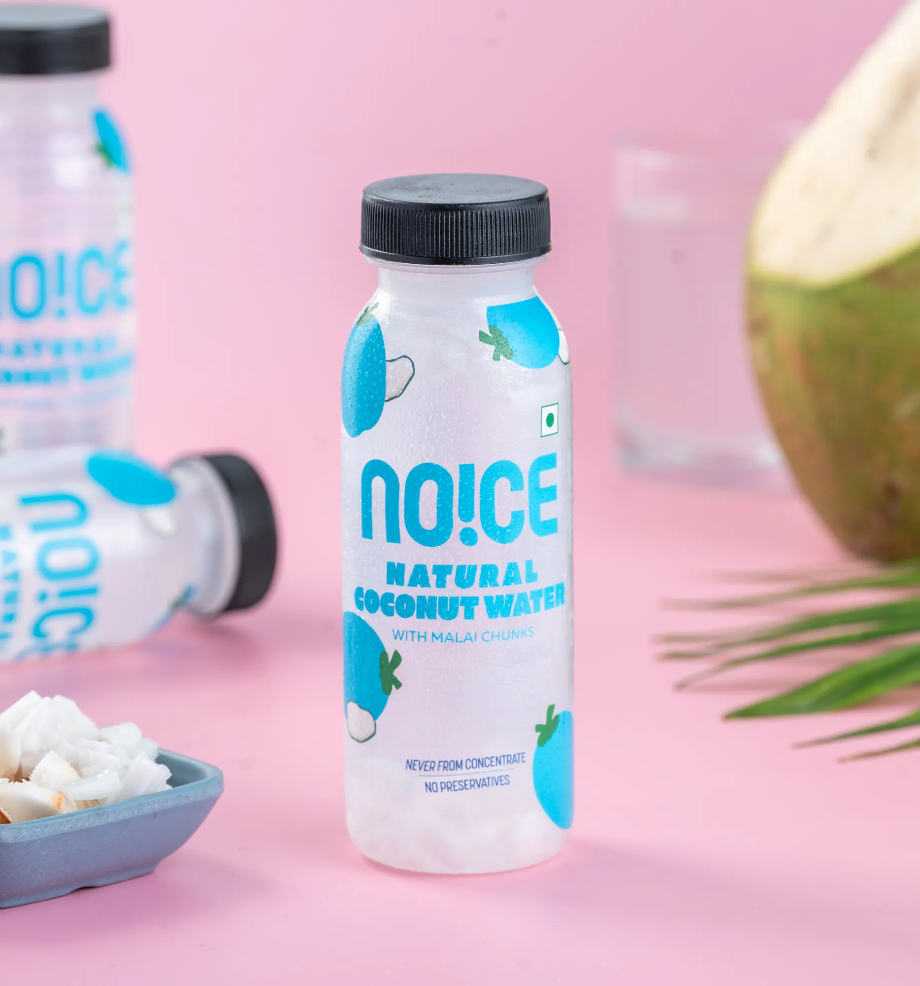 NOICE fresh coconut water with soft malai chunks, sourced from Tamil Nadu with no added flavors or preservatives