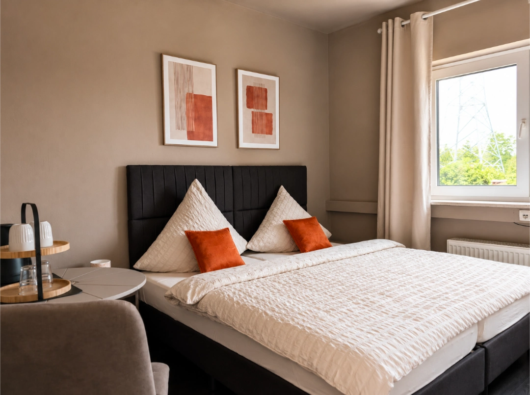 Doppelzimmer bei BASE stay Erlangen mit orangefarbenen Kissen und Blick ins Grüne – Boardinghouse direkt an der A3