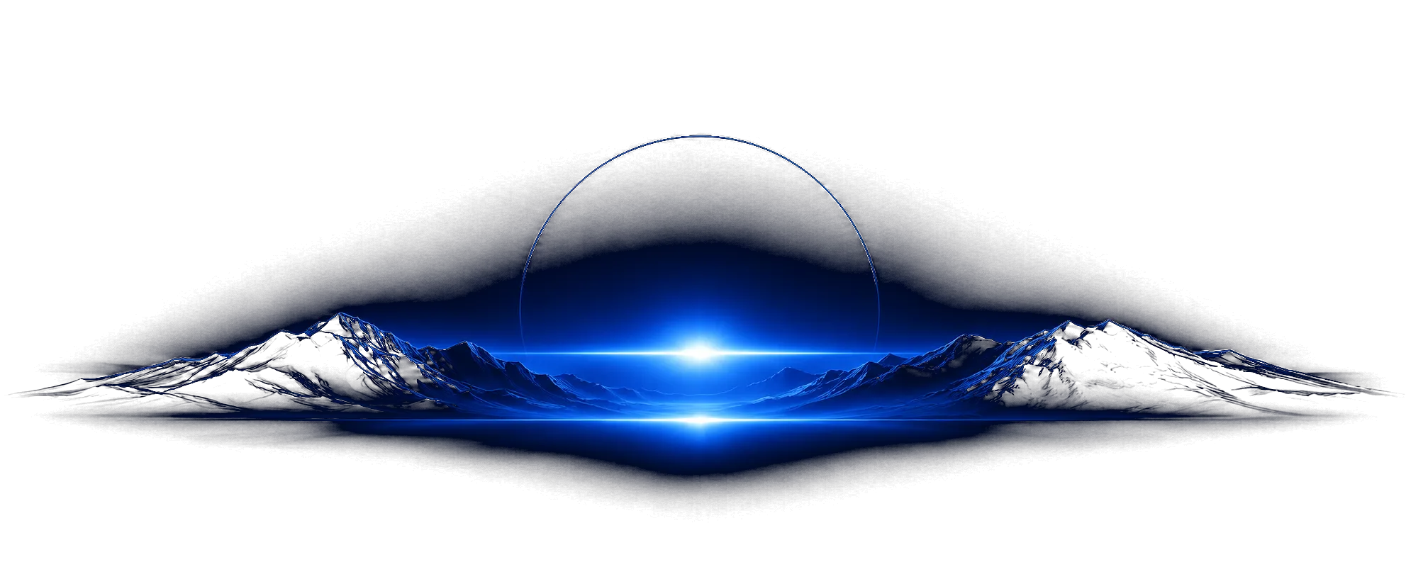 Snow-capped mountains with a glowing blue horizon
