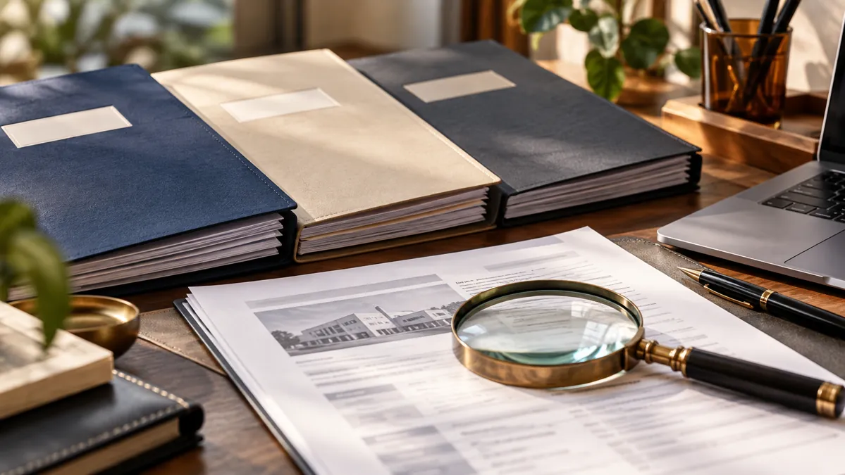 Illustration of supplier folders and a magnifying glass on procurement documents