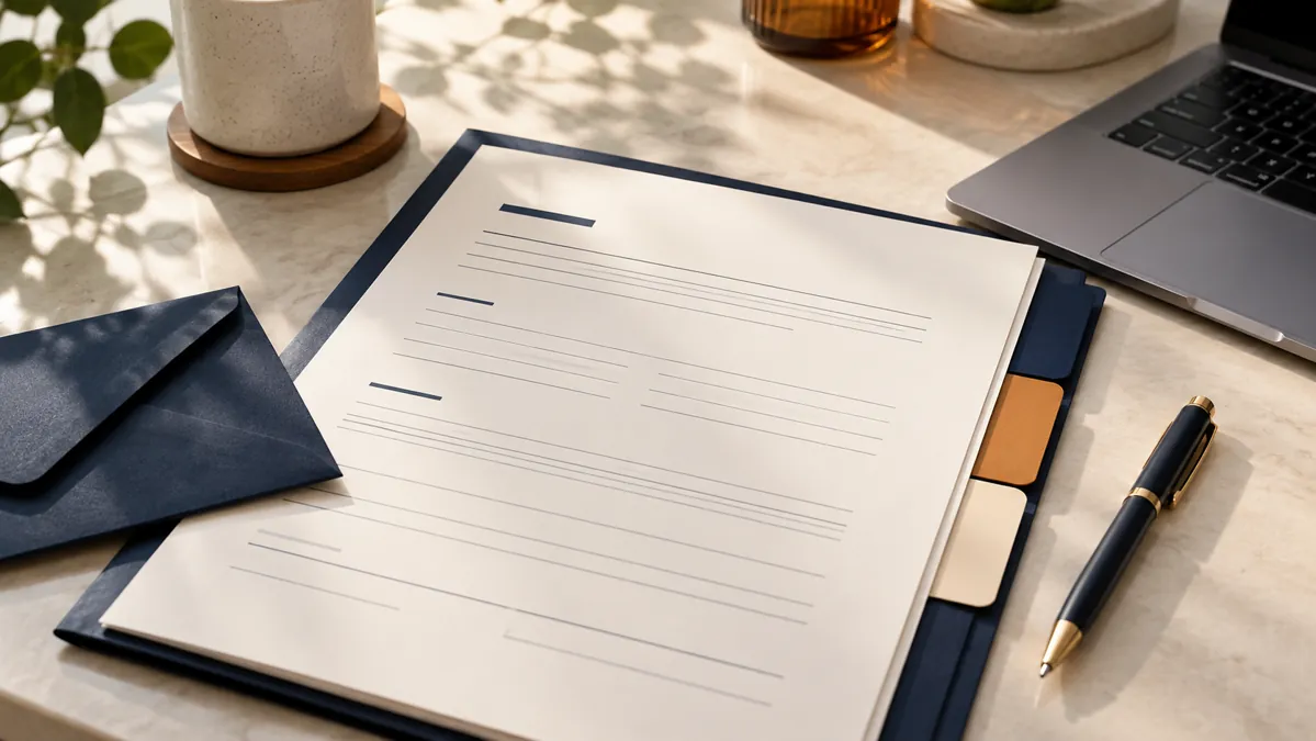 Illustration of an organized procurement brief, envelope and pen