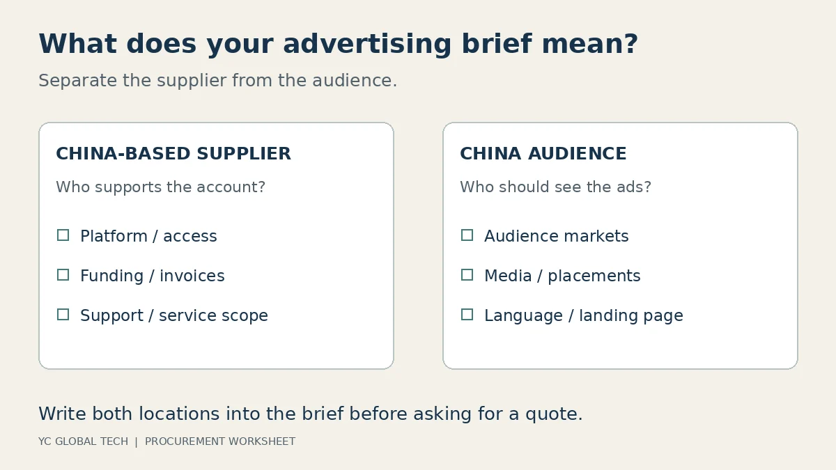 Scope worksheet separating a China-based advertising supplier from an audience in China